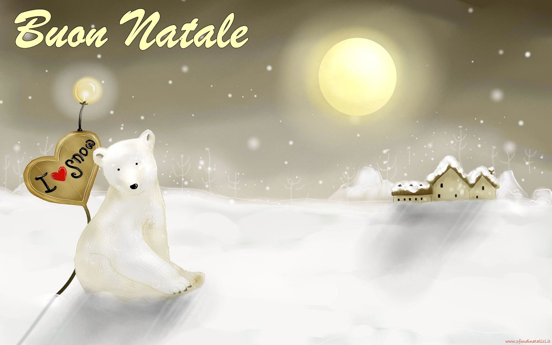 Buon Natale, Orsetto polare, Luna, Neve, Illustrazione, Full HD, sfondo PC