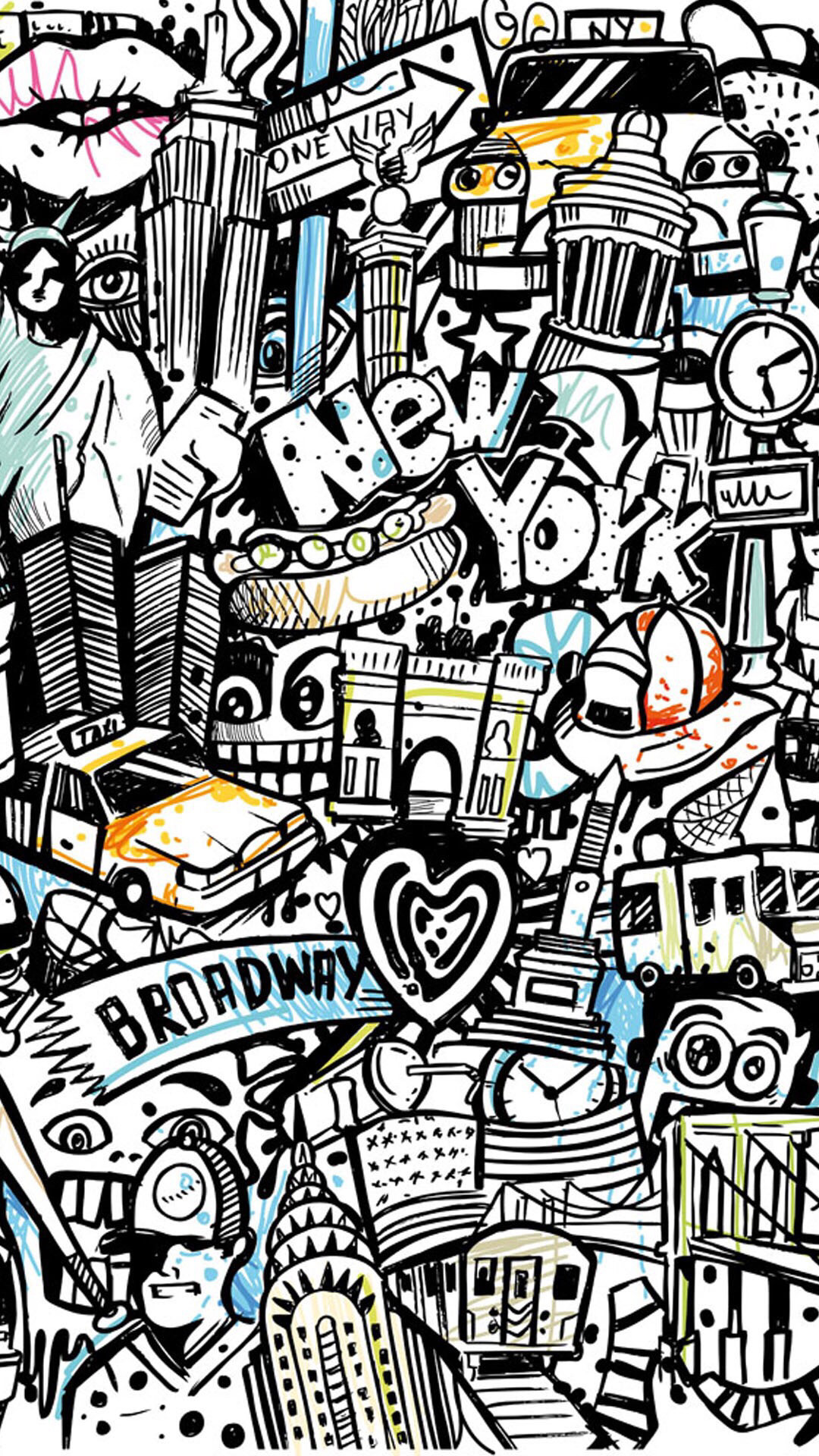 New York, Doodle art, Bianco e nero, Graffiti, wallpaper per iPhone e Android