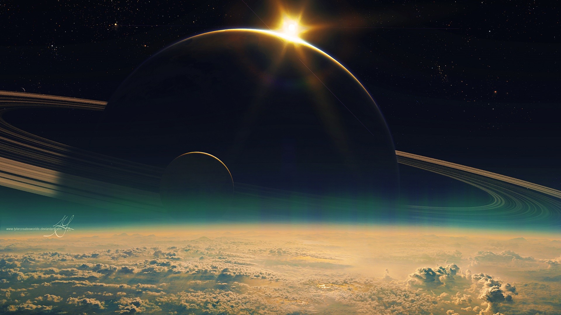 Pianeta con anelli, Alba, Nuvole, Arte digitale, 16:9 Full HD, sfondo widescreen