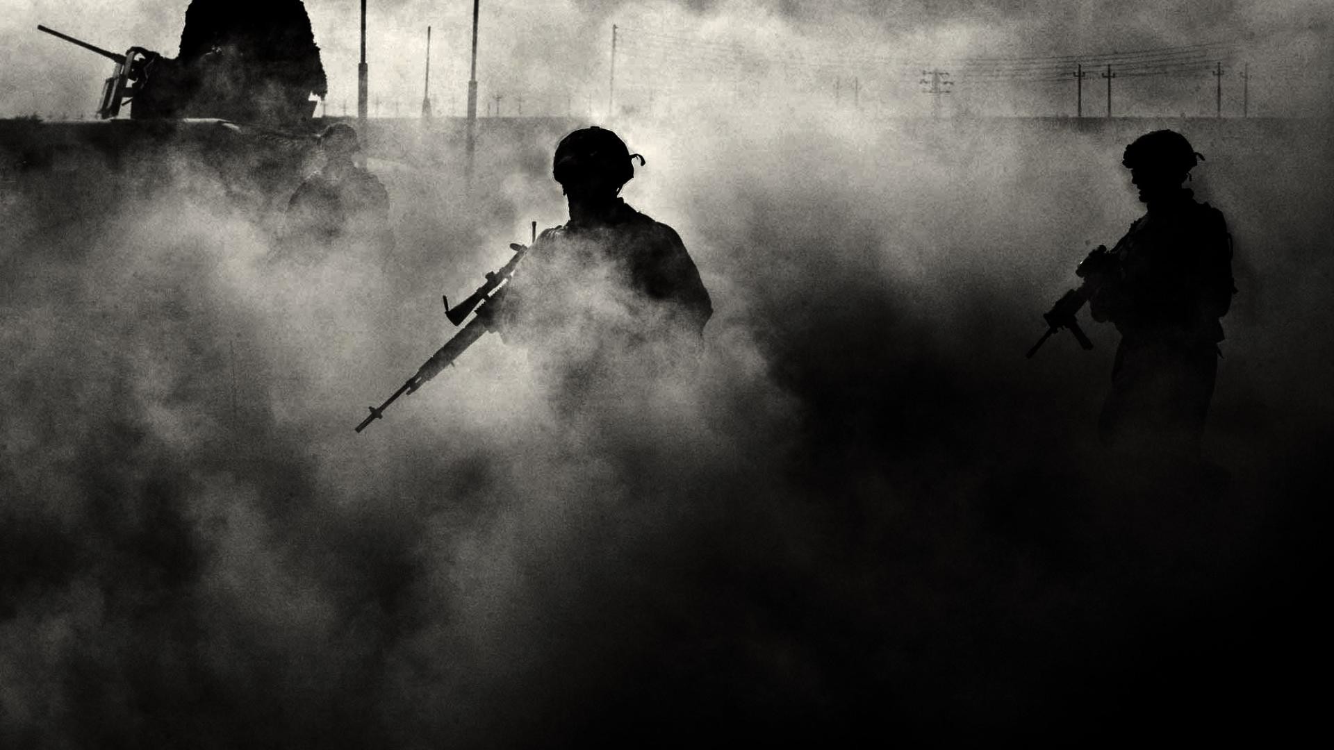 Soldati, Silhouette, Fumo, Bianco e nero, 1920x1080, sfondo per PC