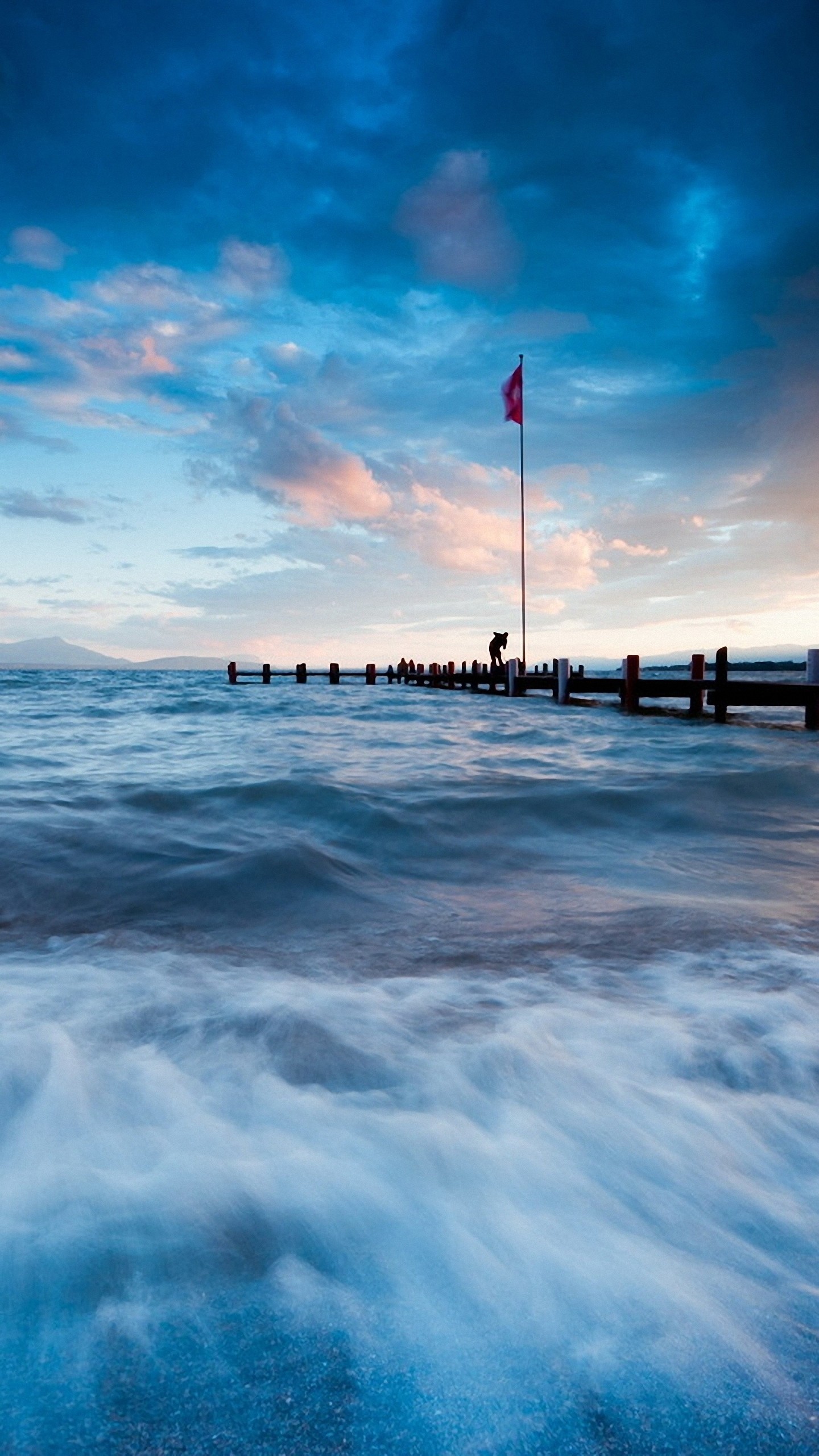 Mare, Molo, Lunga esposizione, Cielo nuvoloso, wallpaper per iPhone e Android