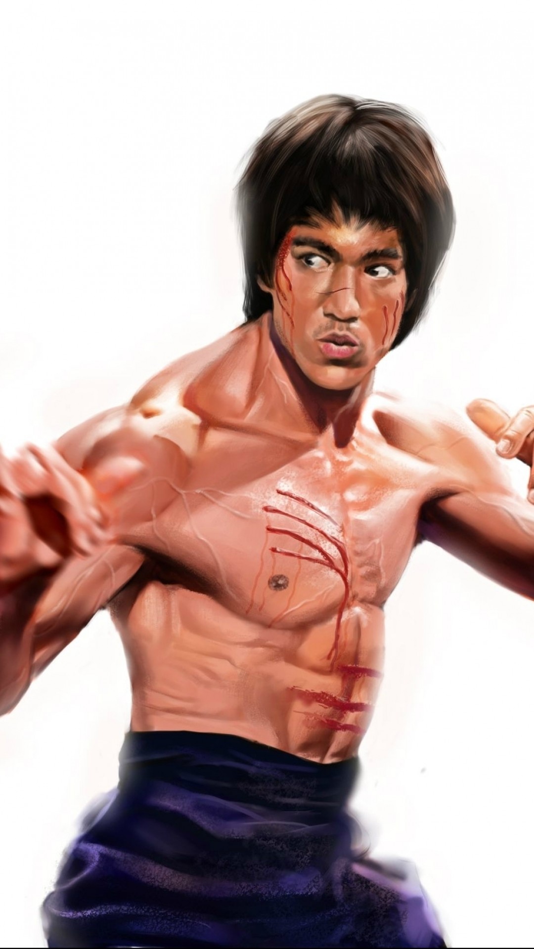 Bruce Lee, Pittura digitale, Muscoli, Sfondo bianco, 1080x1920, schermata di blocco iPhone