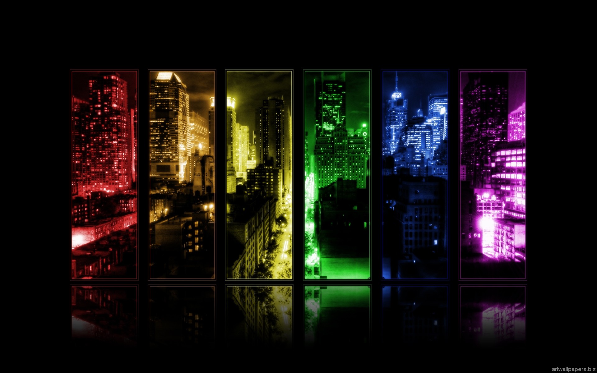 Città di notte, Pannelli colorati, Arcobaleno, Sfondo nero, Full HD, wallpaper per computer