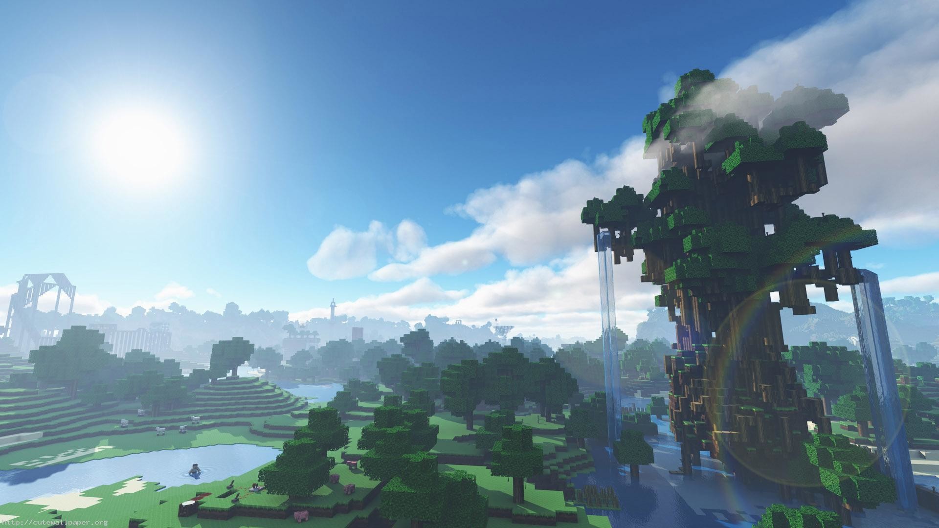 Minecraft, Albero gigante, Shader, Cascata, Cielo, Full HD, sfondo desktop
