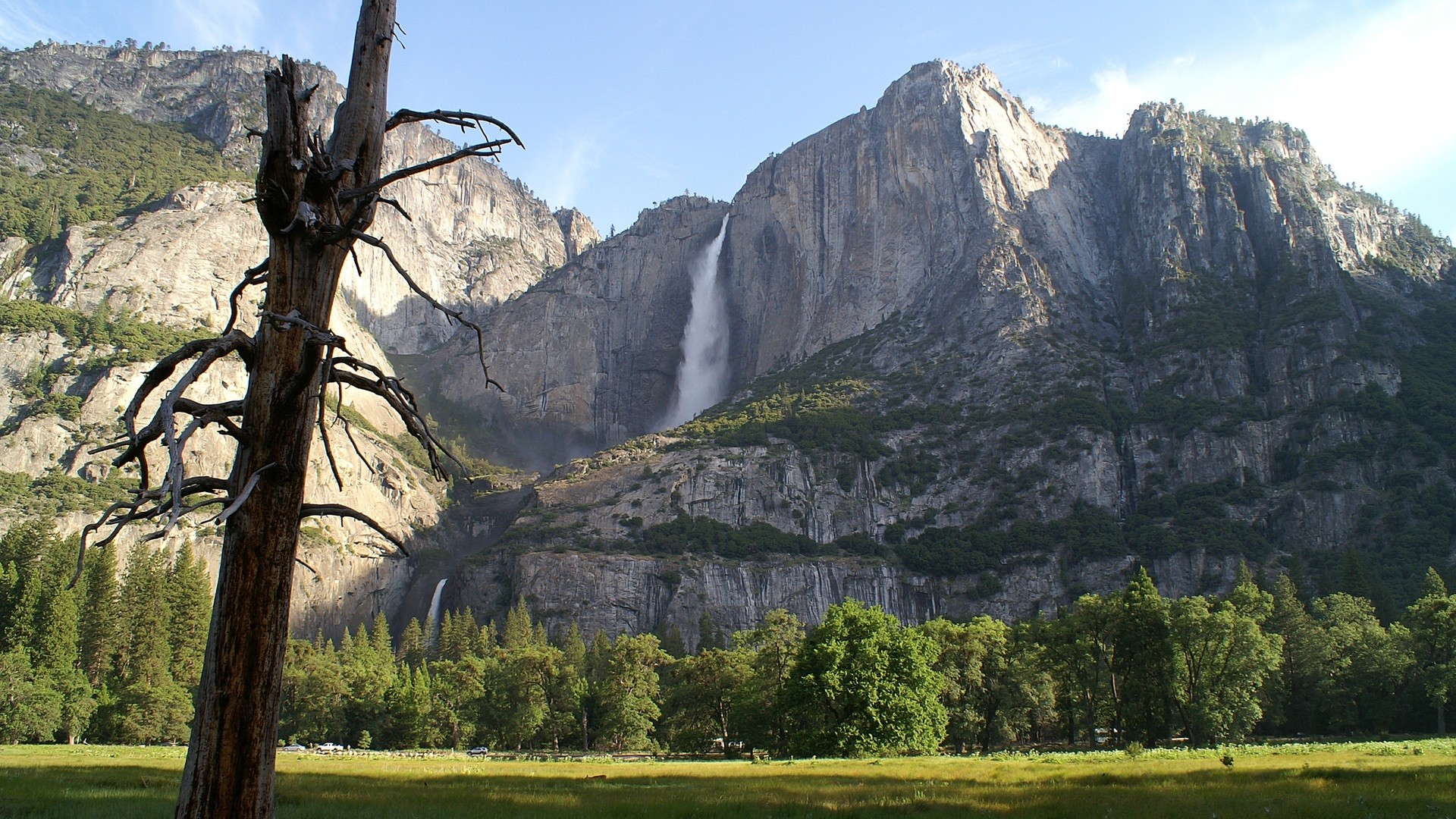 Yosemite Falls, Parco nazionale di Yosemite, California, Cascata, Montagne, sfondo widescreen Full HD