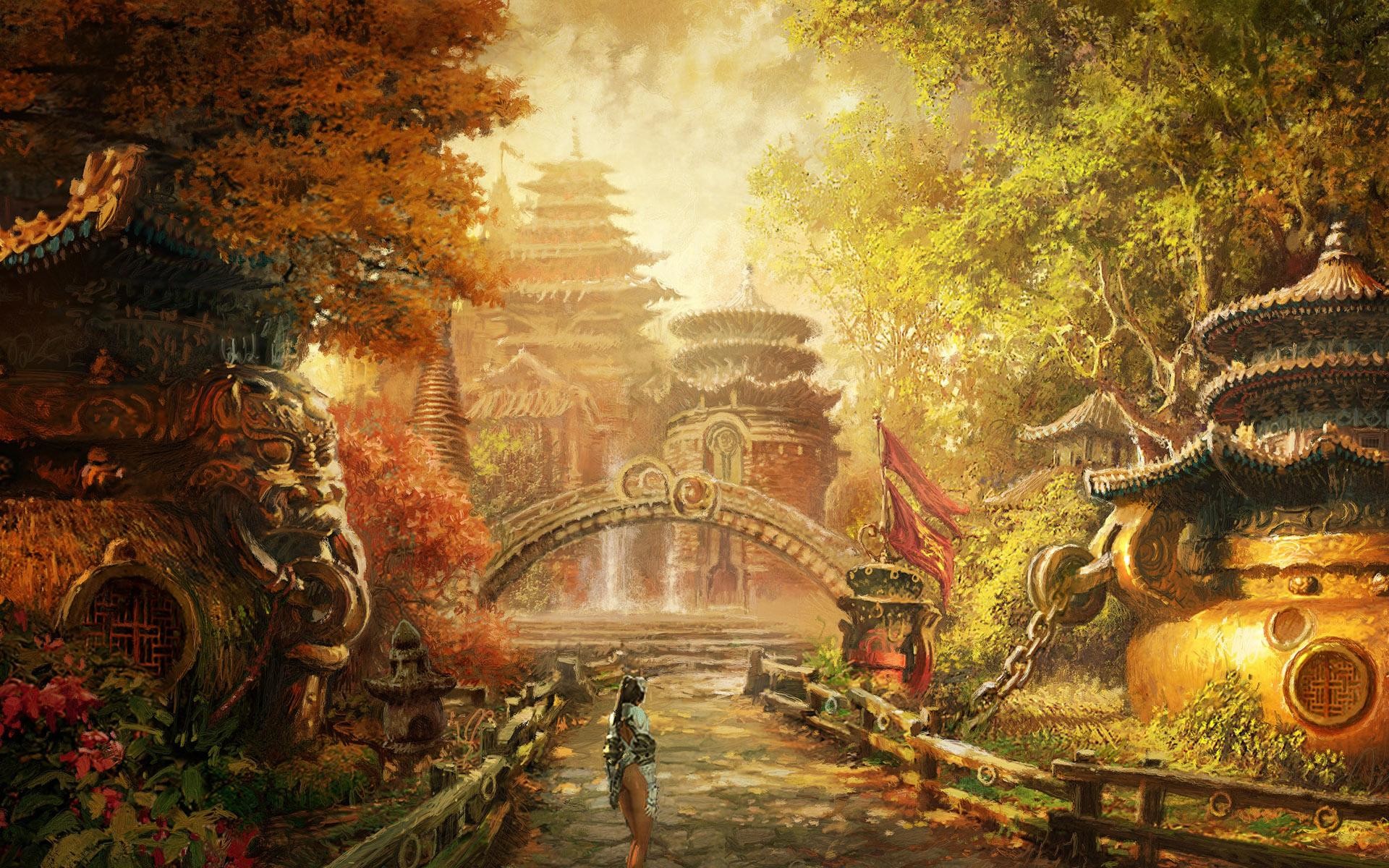 Città orientale, Pagode, Autunno, Arte fantasy, 1920x1200, wallpaper desktop
