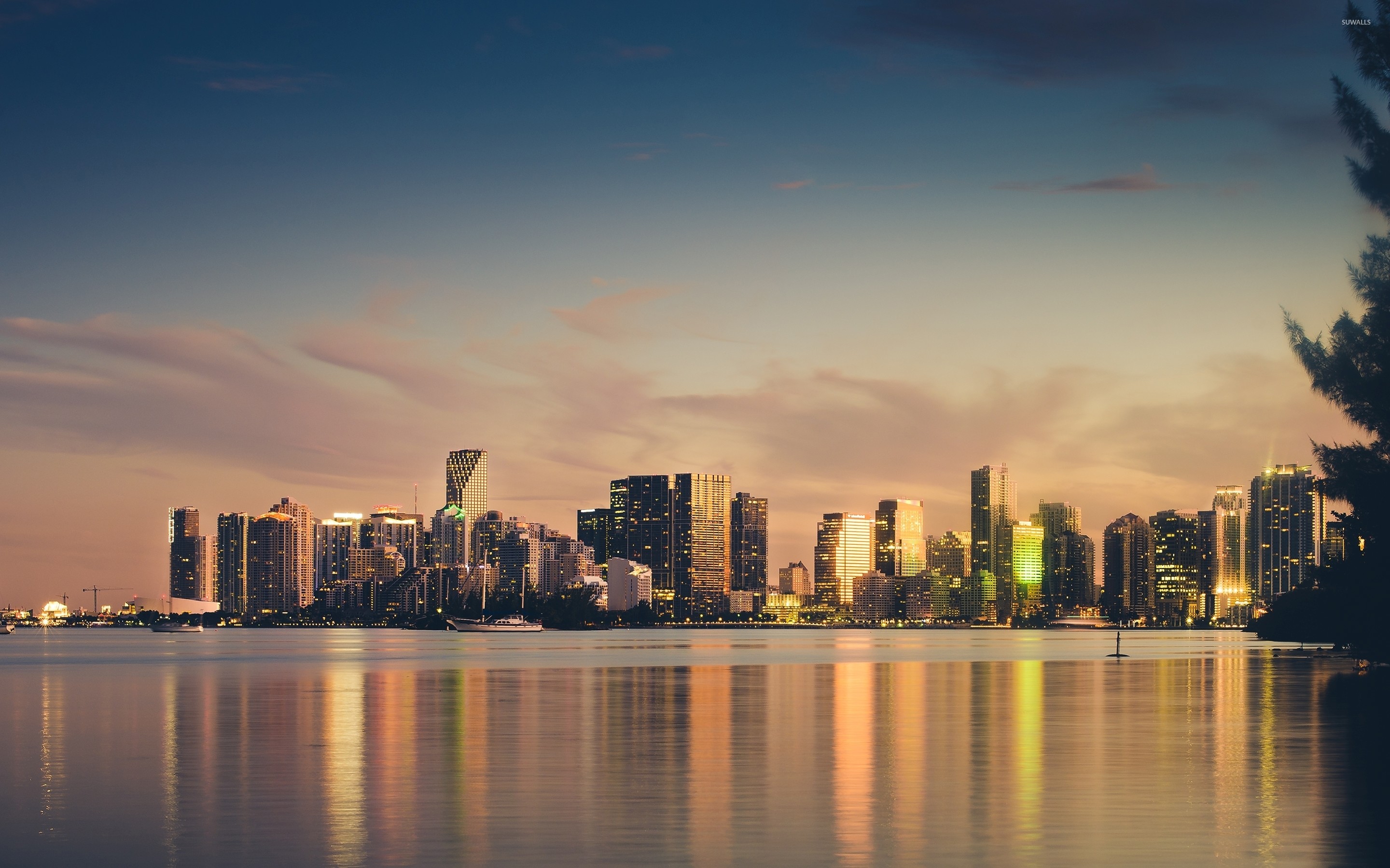 Miami, Skyline, Biscayne Bay, Tramonto, 2K, sfondo per portatile