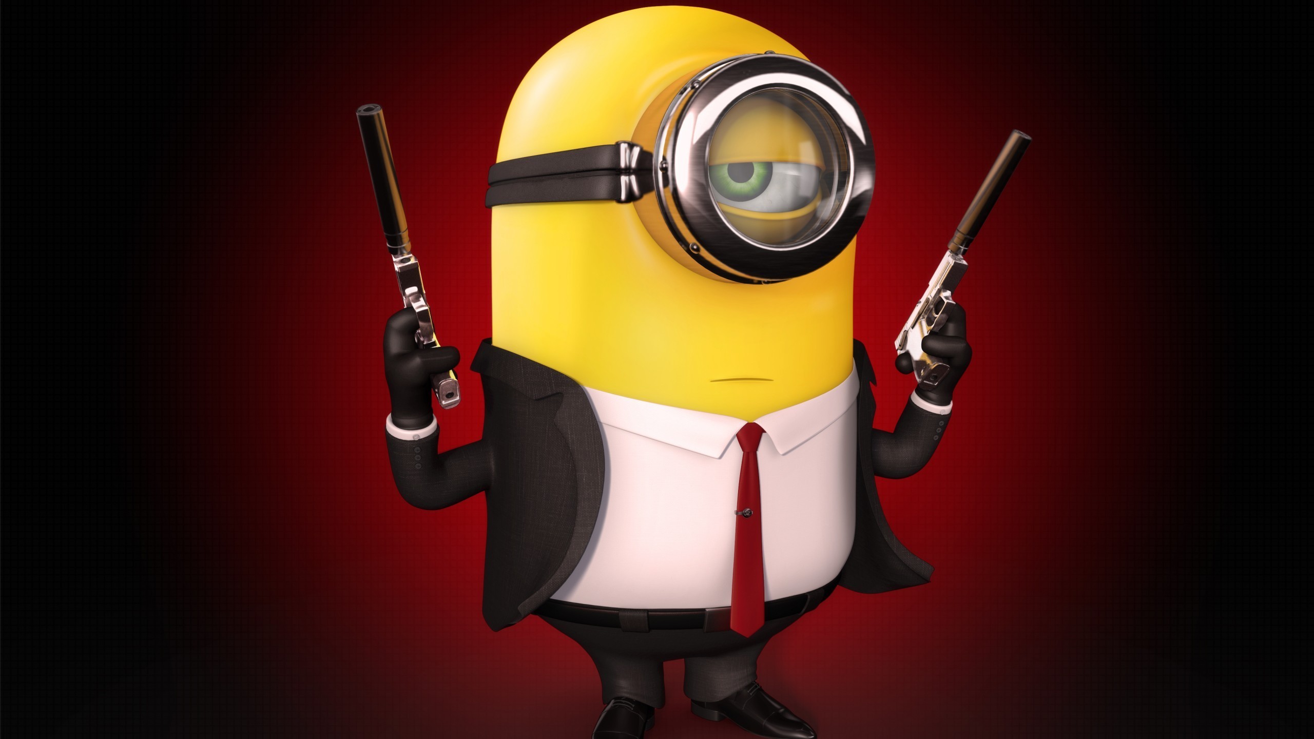 Minion, Smoking, Pistole, Agente segreto, Sfondo rosso, 2560x1440, wallpaper desktop