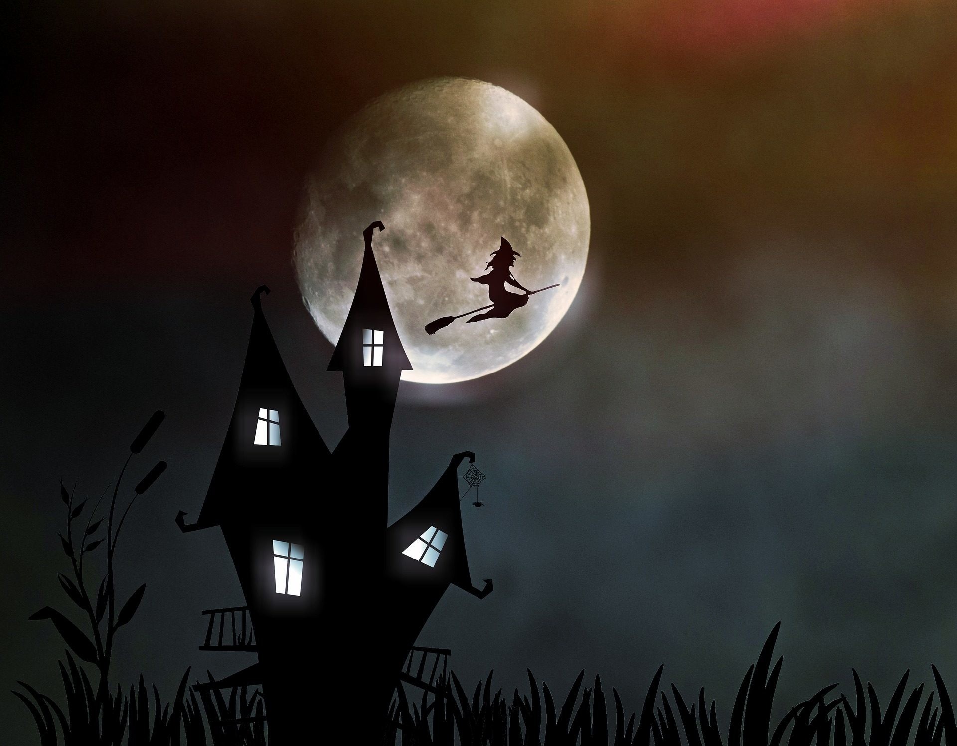 Strega sulla scopa, Luna piena, Casa stregata, Silhouette, Full HD, sfondo per portatile