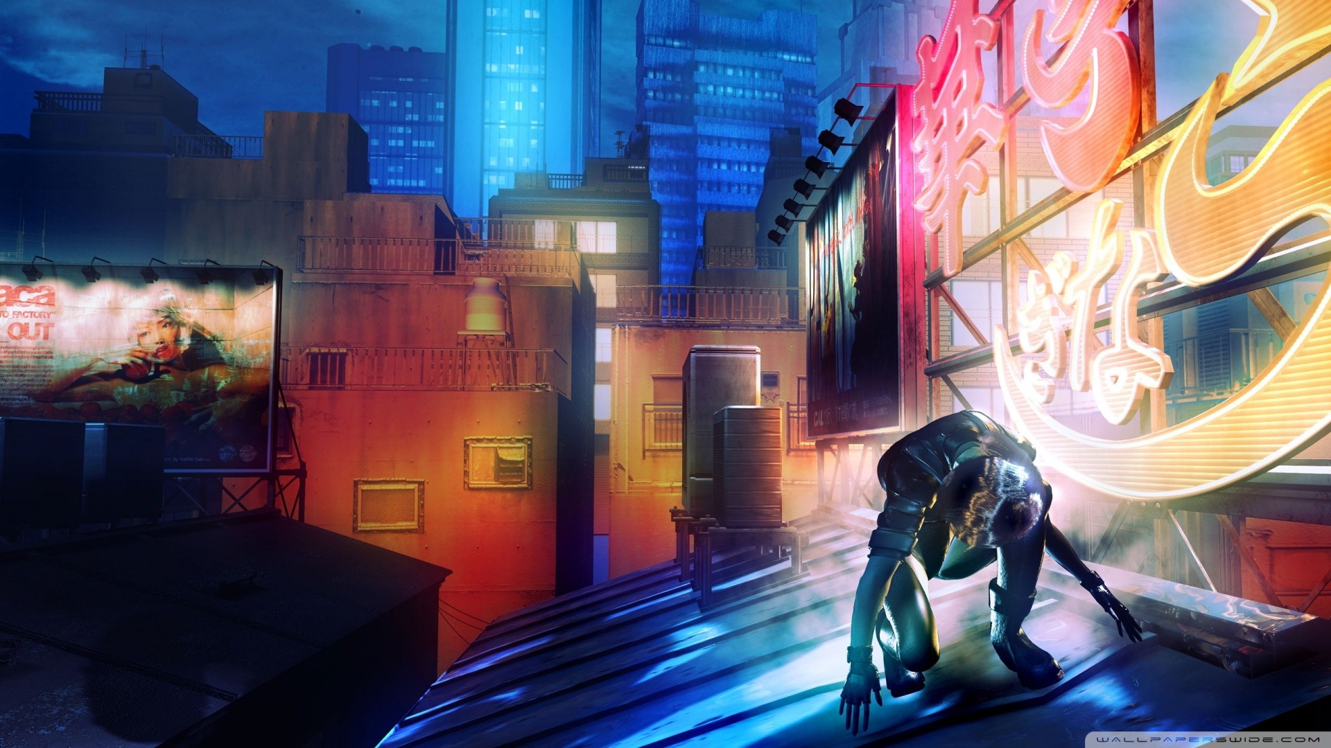 Motoko Kusanagi, Ghost in the Shell, Neon, Città cyberpunk, 16:9 Full HD, wallpaper widescreen