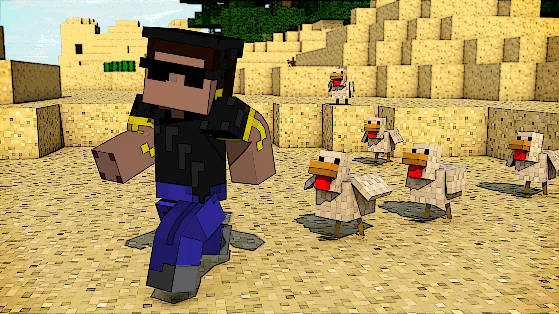 Minecraft, Skin, Occhiali da sole, Galline, Deserto, Full HD, sfondo desktop