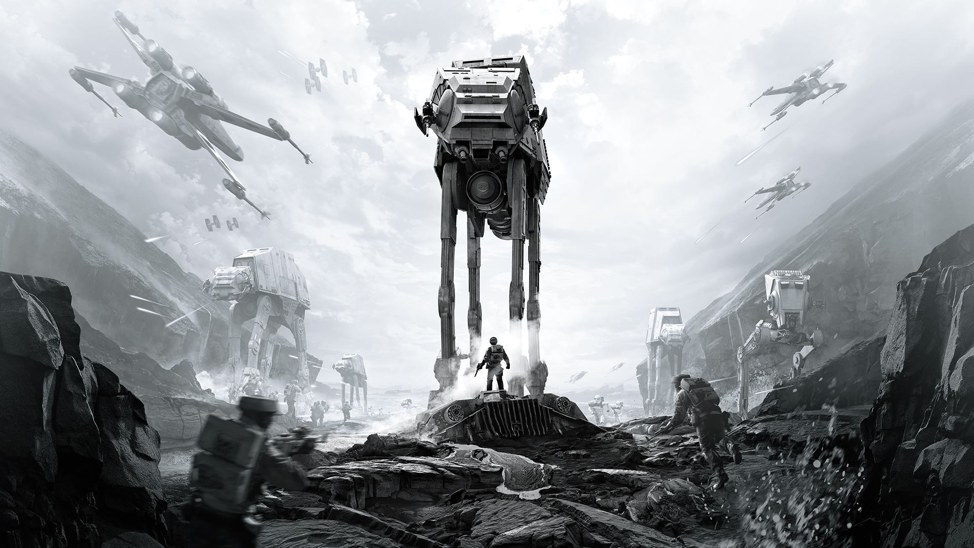 Star Wars Battlefront, AT-AT, X-wing, Bianco e nero, Full HD, sfondo per PC e portatile