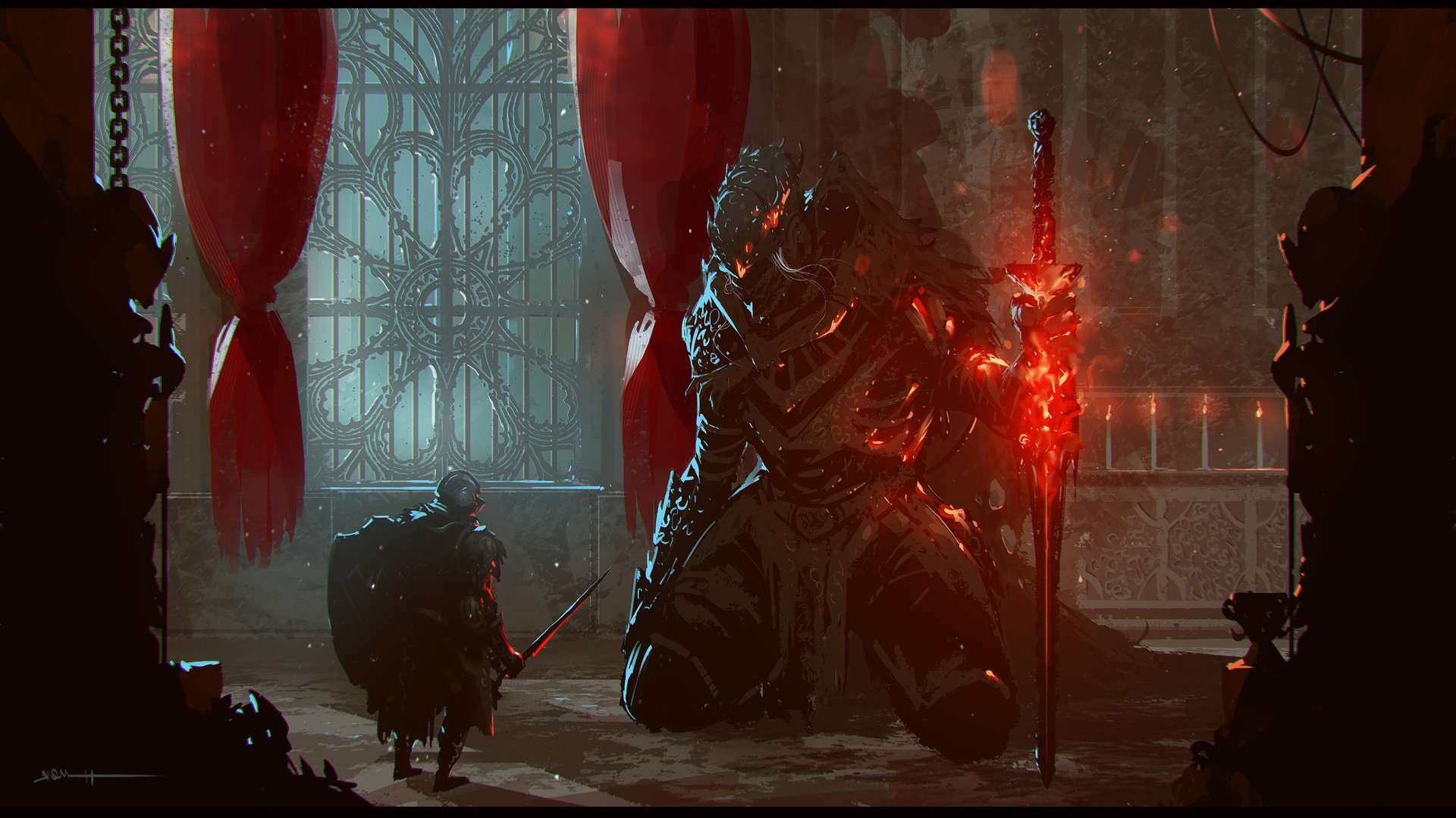 Dark Souls II, Cavaliere, Boss, Sala del trono, Tende rosse, Full HD, sfondo per portatile