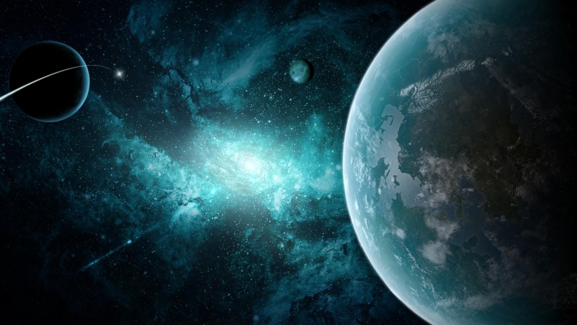 Pianeta, Nebulosa, Lune, Spazio, Turchese, 16:9 Full HD, wallpaper widescreen