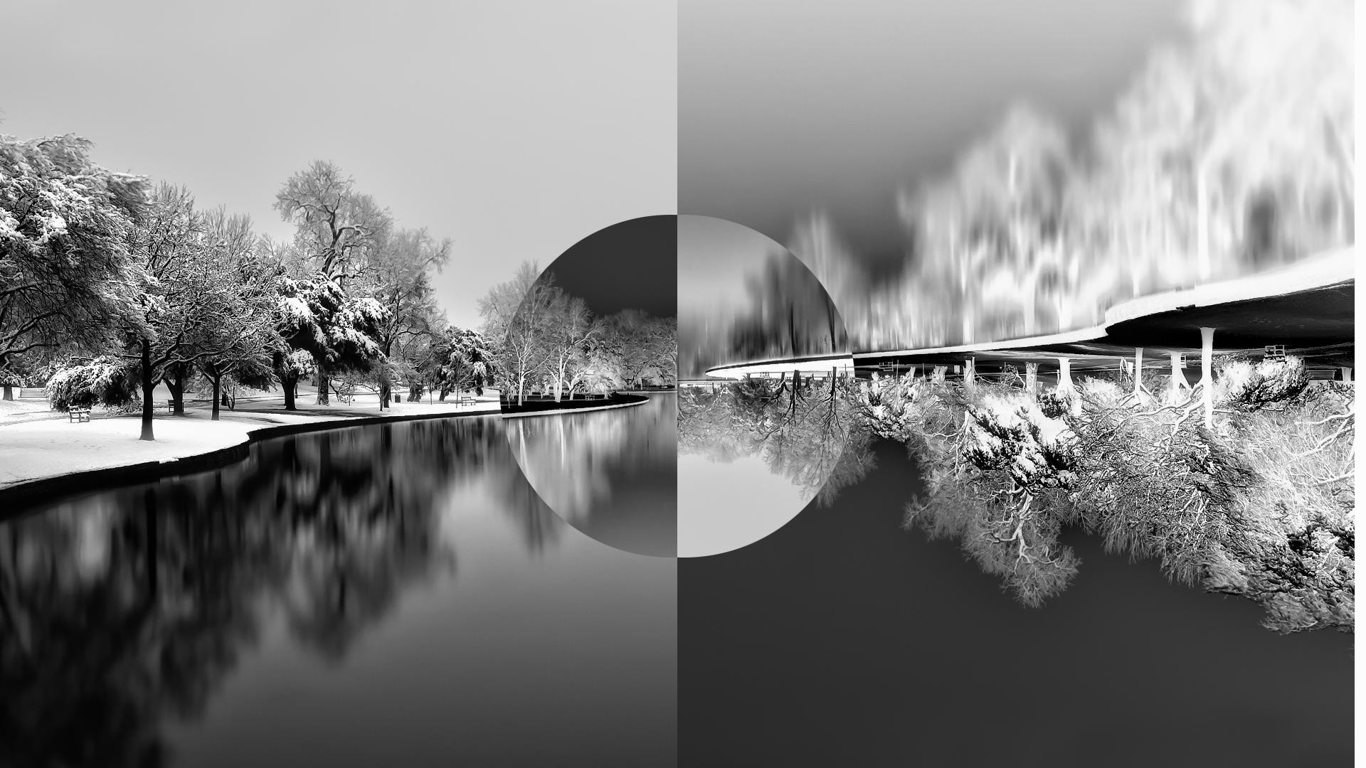 Parco innevato, Cerchio, Riflesso, Bianco e nero, Surreale, Full HD 1080p, sfondo desktop