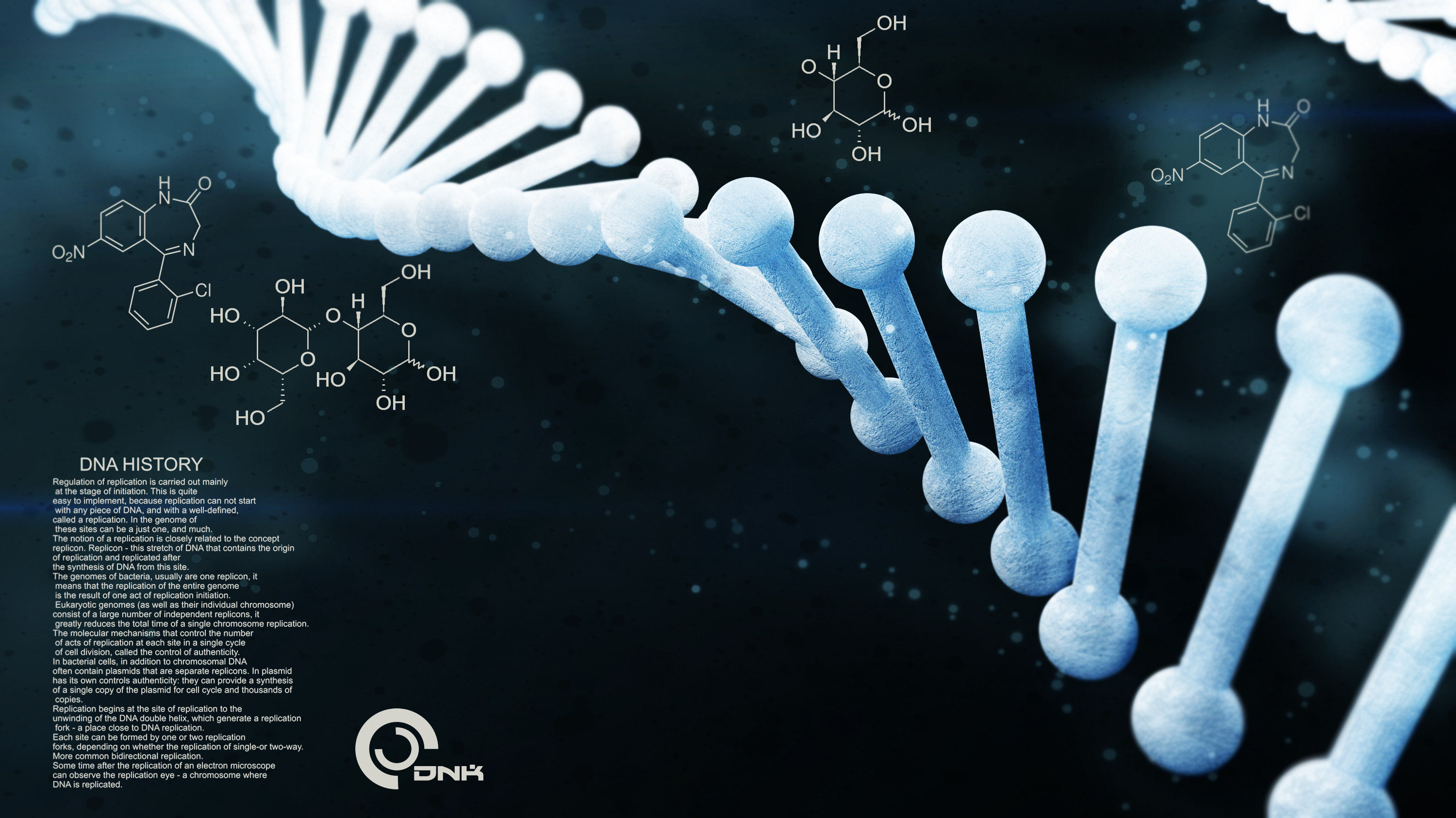 DNA, Doppia elica, Formule chimiche, Sfondo scuro, 16:9 2K, wallpaper widescreen