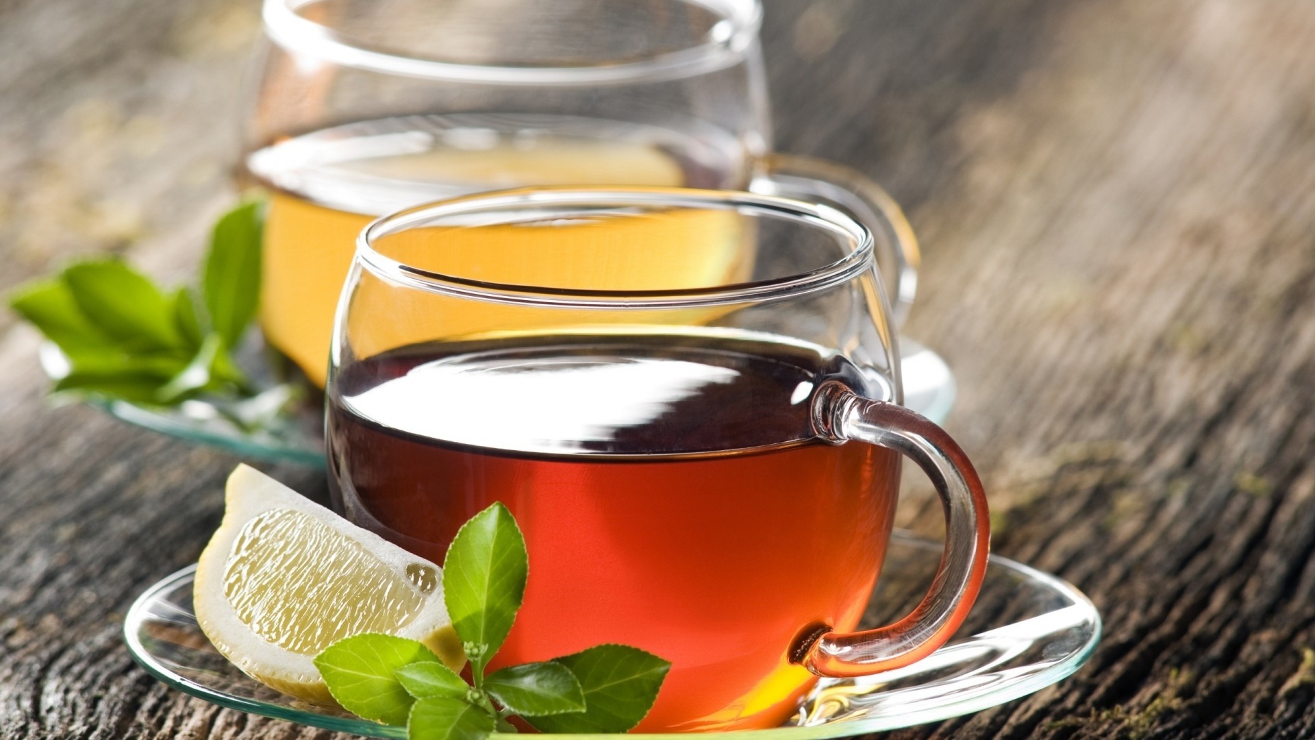 Tazza di tè, Limone, Foglie di menta, Vetro, Legno, 1920x1080, sfondo per PC