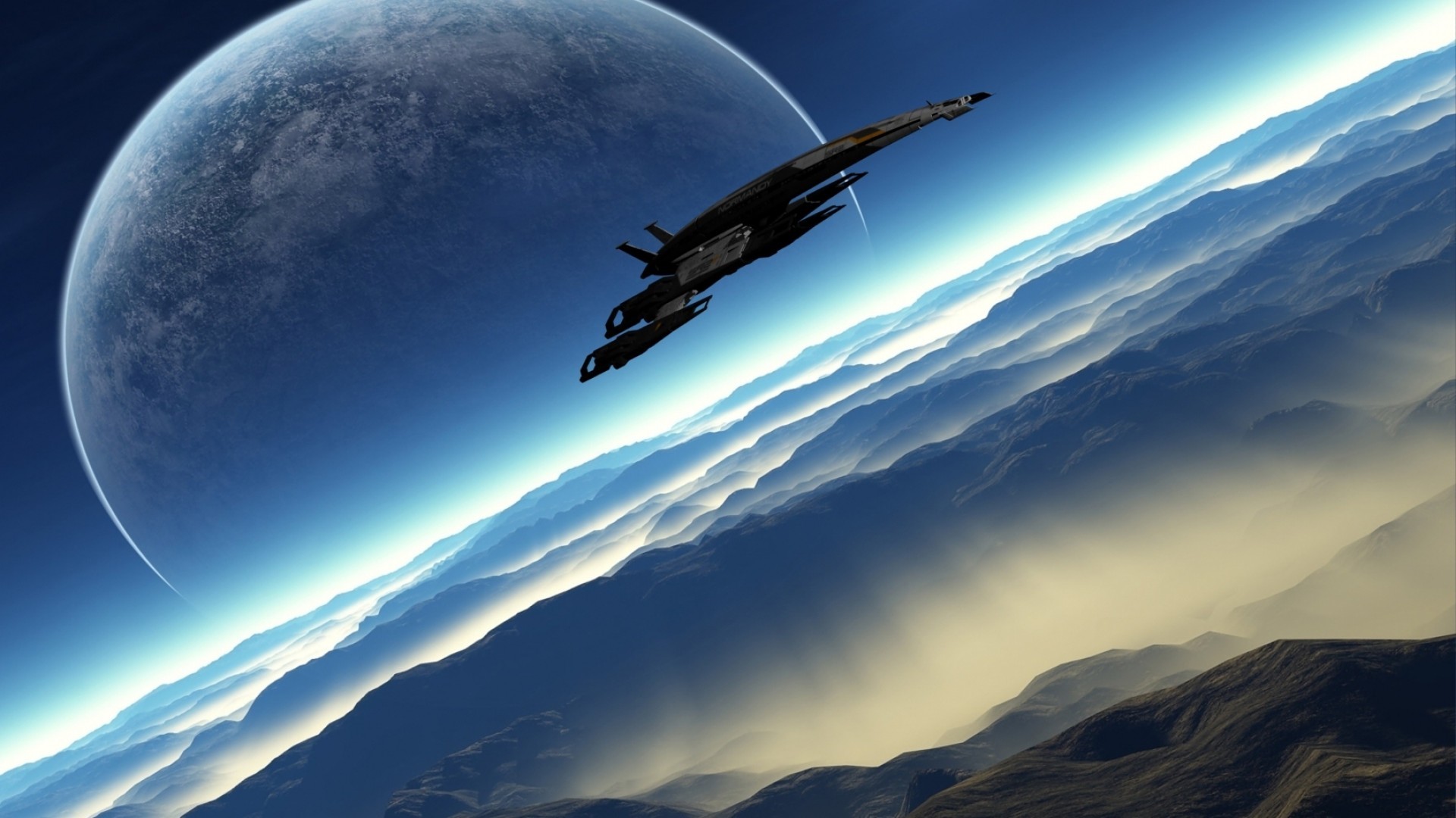 Pianeta, Astronave, Atmosfera, Fantascienza, Blu, 1920x1080, immagine di sfondo