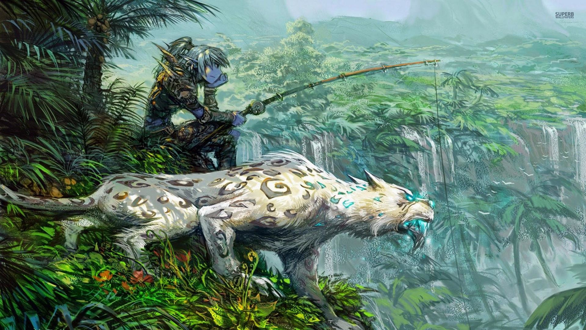 World of Warcraft, Elfo della notte, Pantera, Pesca, Giungla, 1920x1080, immagine di sfondo