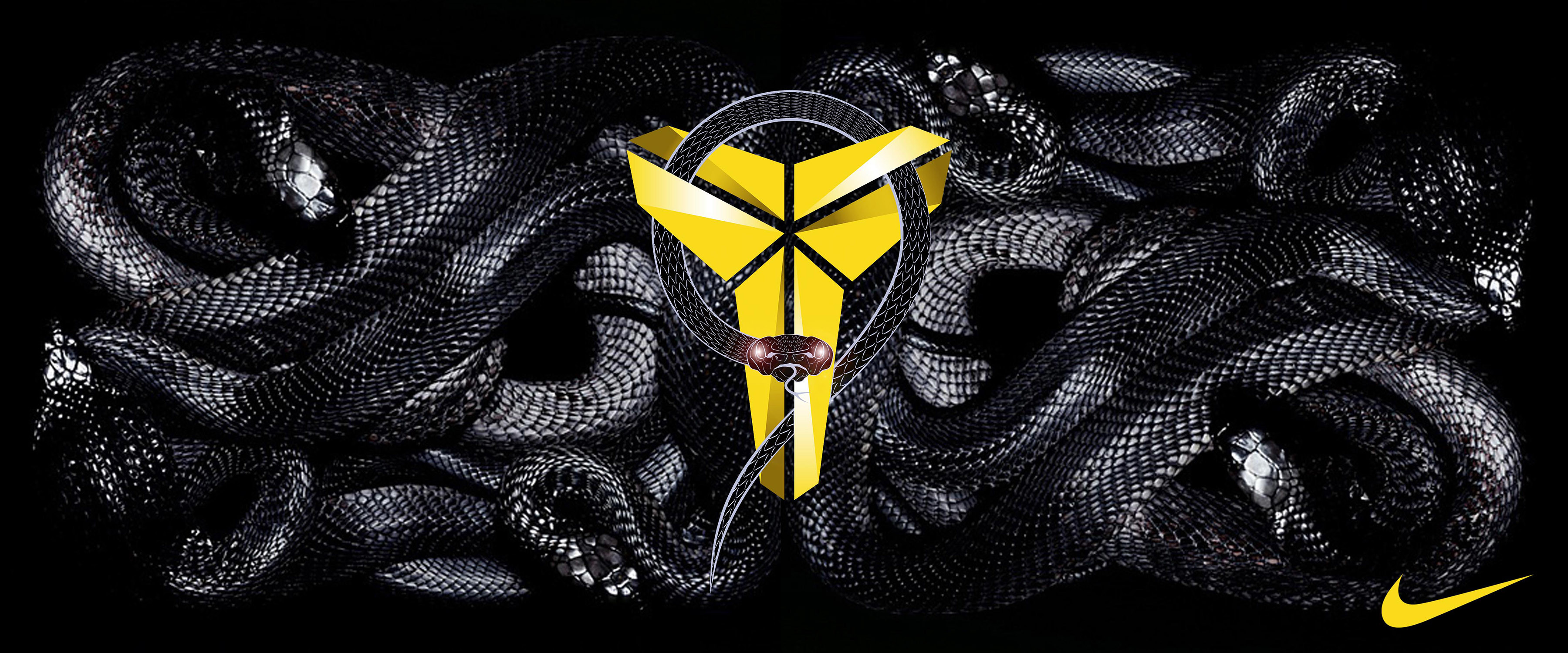 Kobe Bryant, Logo Kobe, Nike, Serpenti, Nero e giallo, 21:9 2K, sfondo widescreen