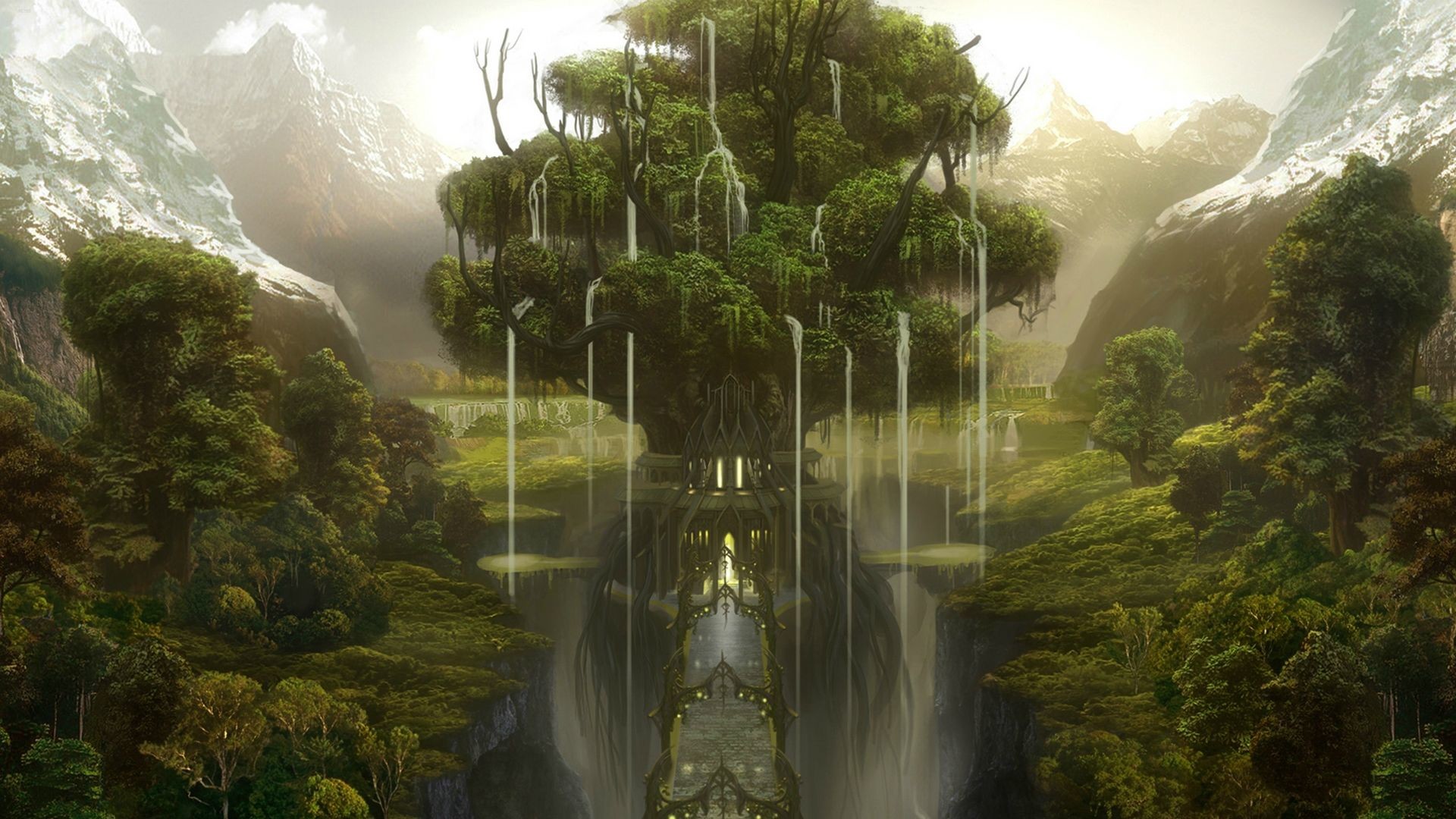 Albero gigante, Cascate, Valle, Foresta, Paesaggio fantasy, Full HD, sfondo per PC e portatile