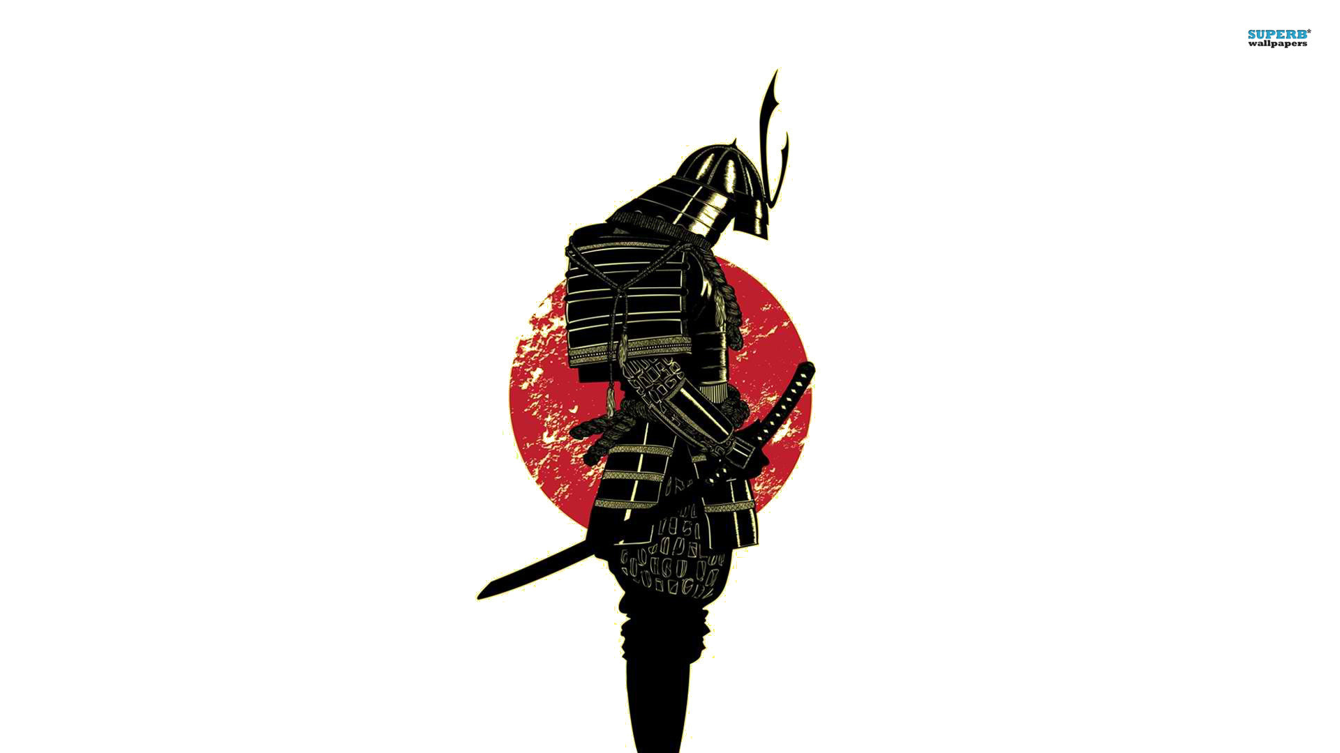 Samurai, Sole rosso, Silhouette, Minimalismo, 16:9 Full HD, wallpaper widescreen