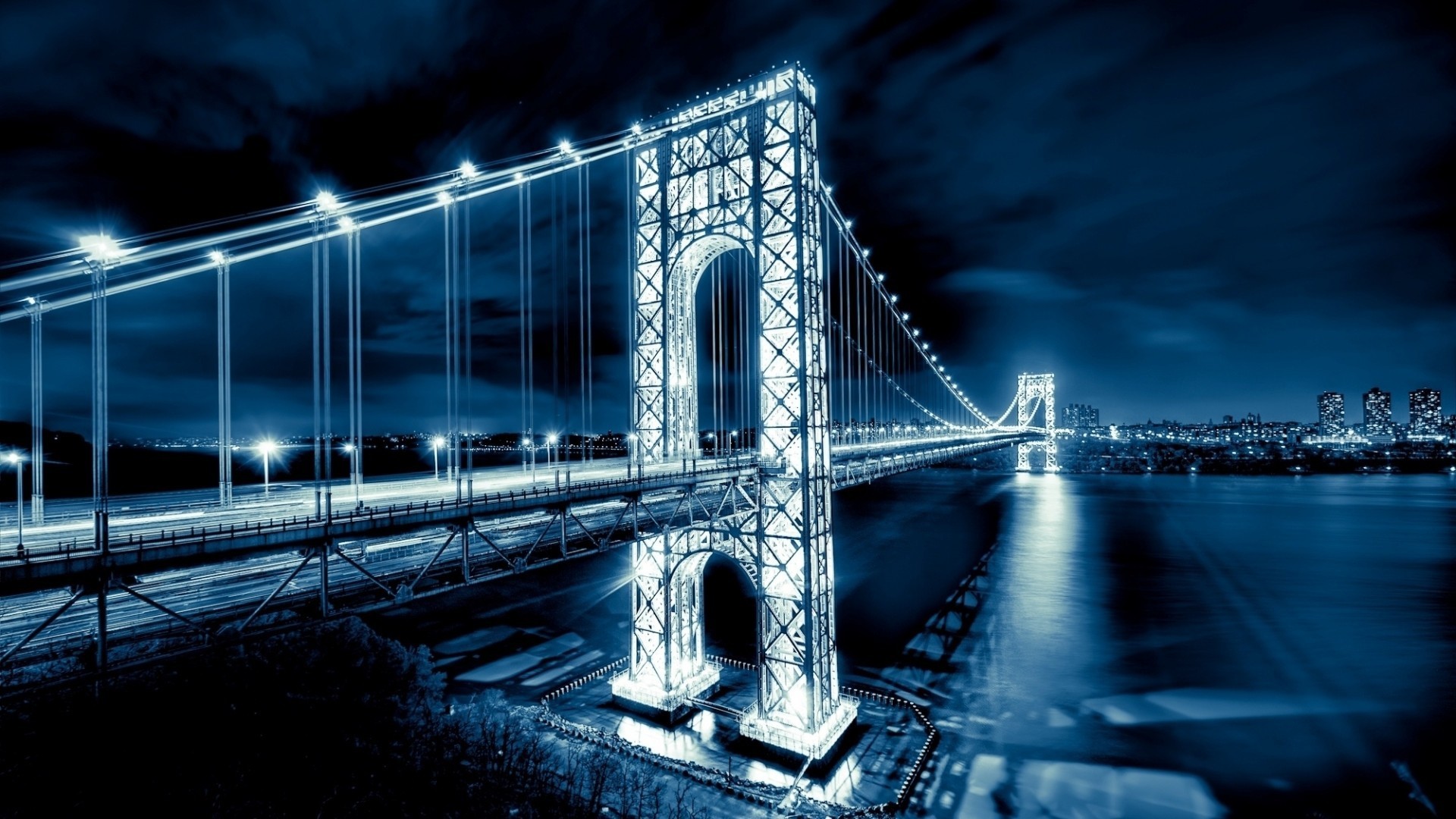 George Washington Bridge, New York, Notte, Toni blu, 1920x1080, immagine di sfondo