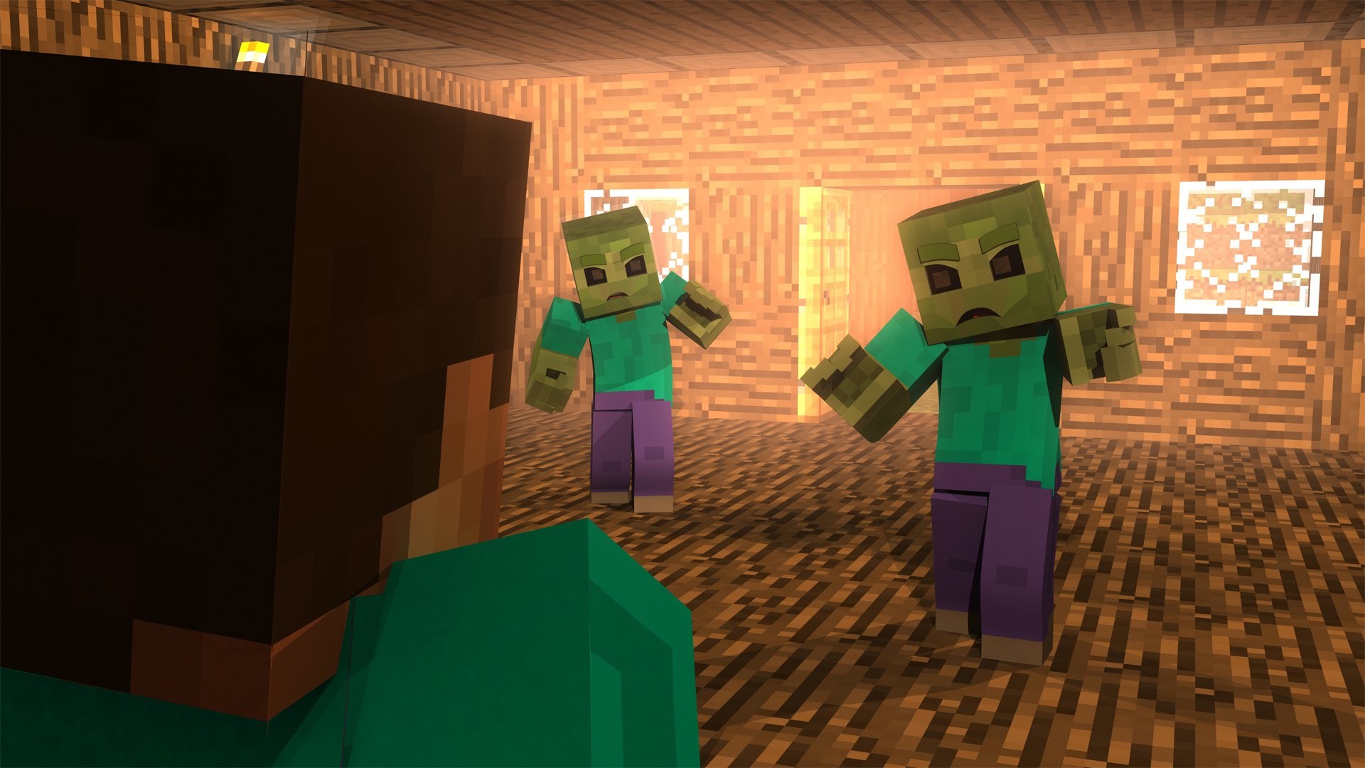 Zombie, Steve, Minecraft, Casa di legno, 16:9 Full HD, sfondo widescreen
