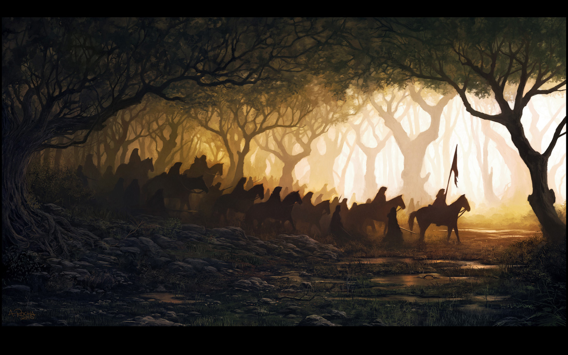 Cavalieri a cavallo, Foresta, Silhouette, Controluce, Fantasy, 16:10 Full HD, sfondo widescreen