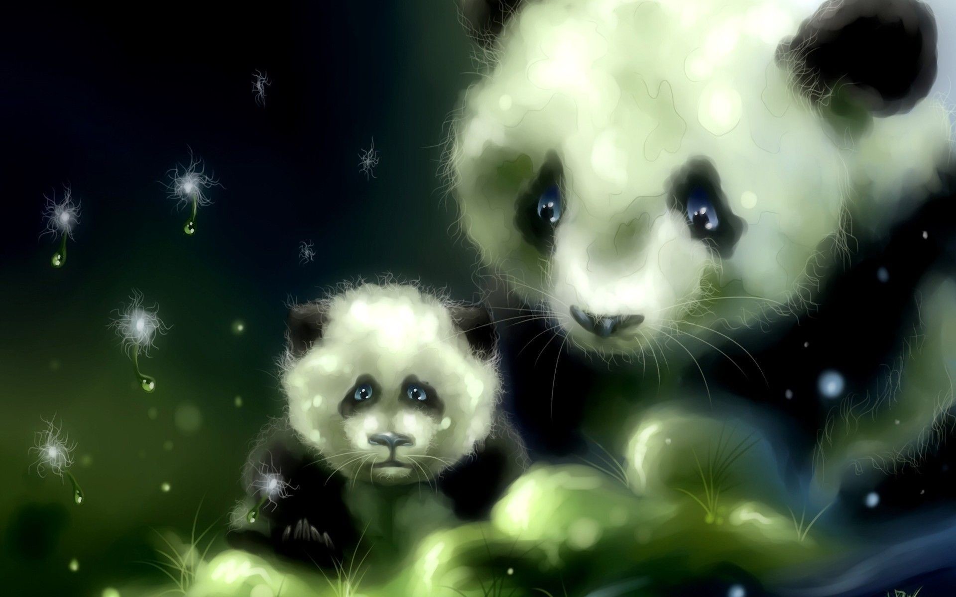 Panda, Mamma e cucciolo, Arte digitale, Notte, 1920x1200, immagine di sfondo