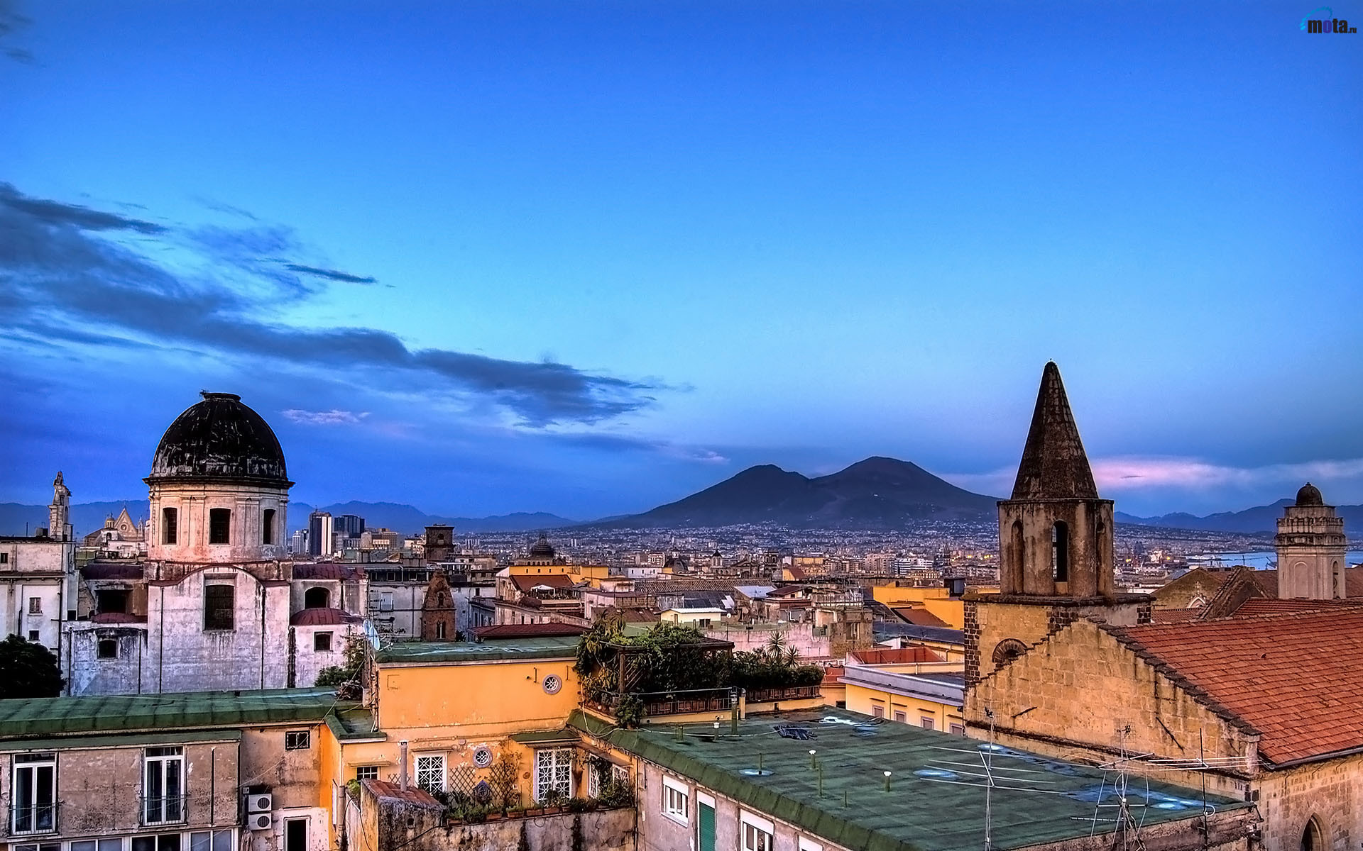 Napoli, Vesuvio, Tetti, Campanile, Cielo azzurro, 16:10 Full HD, sfondo widescreen