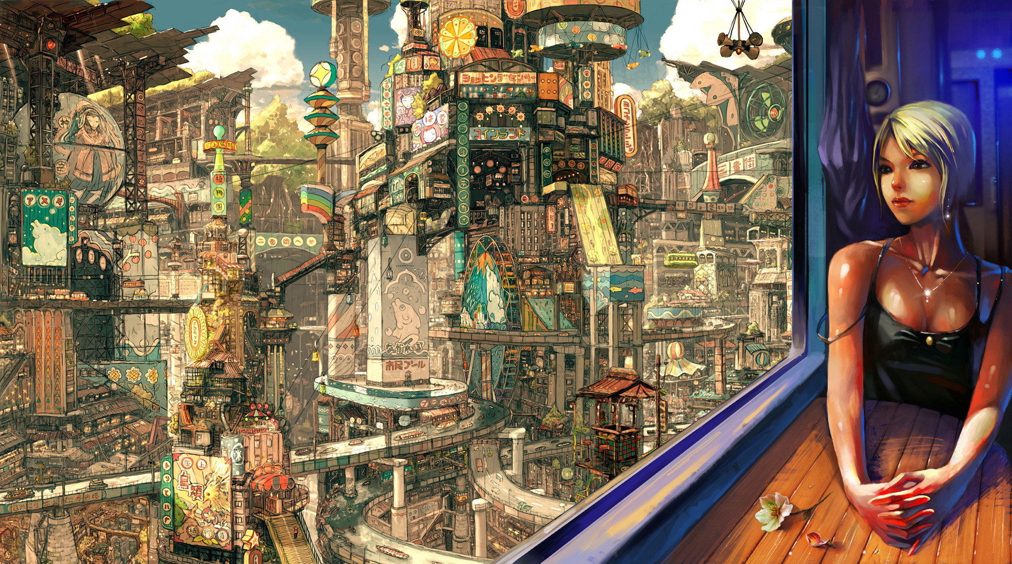 Città steampunk, Donna, Finestra, Illustrazione, Full HD, wallpaper desktop