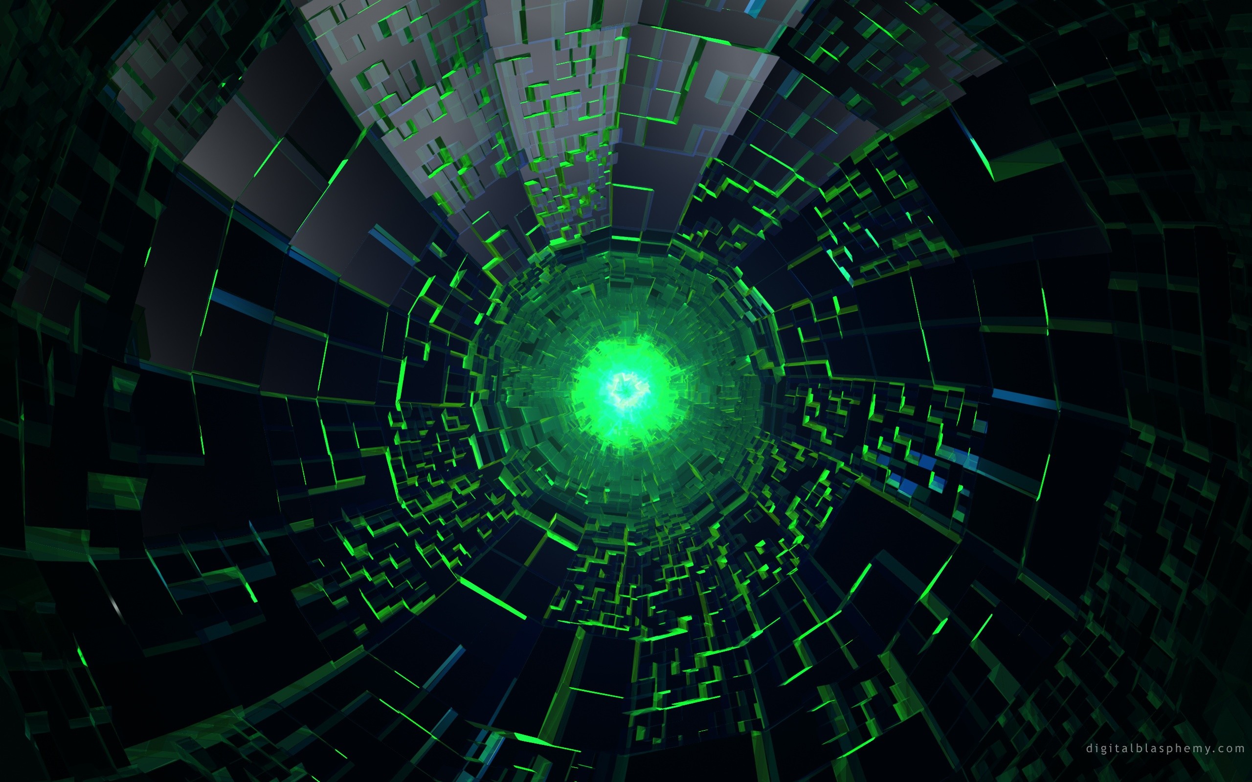Tunnel digitale, Luce verde, Astratto, Tecnologia, 2K, sfondo per PC e portatile