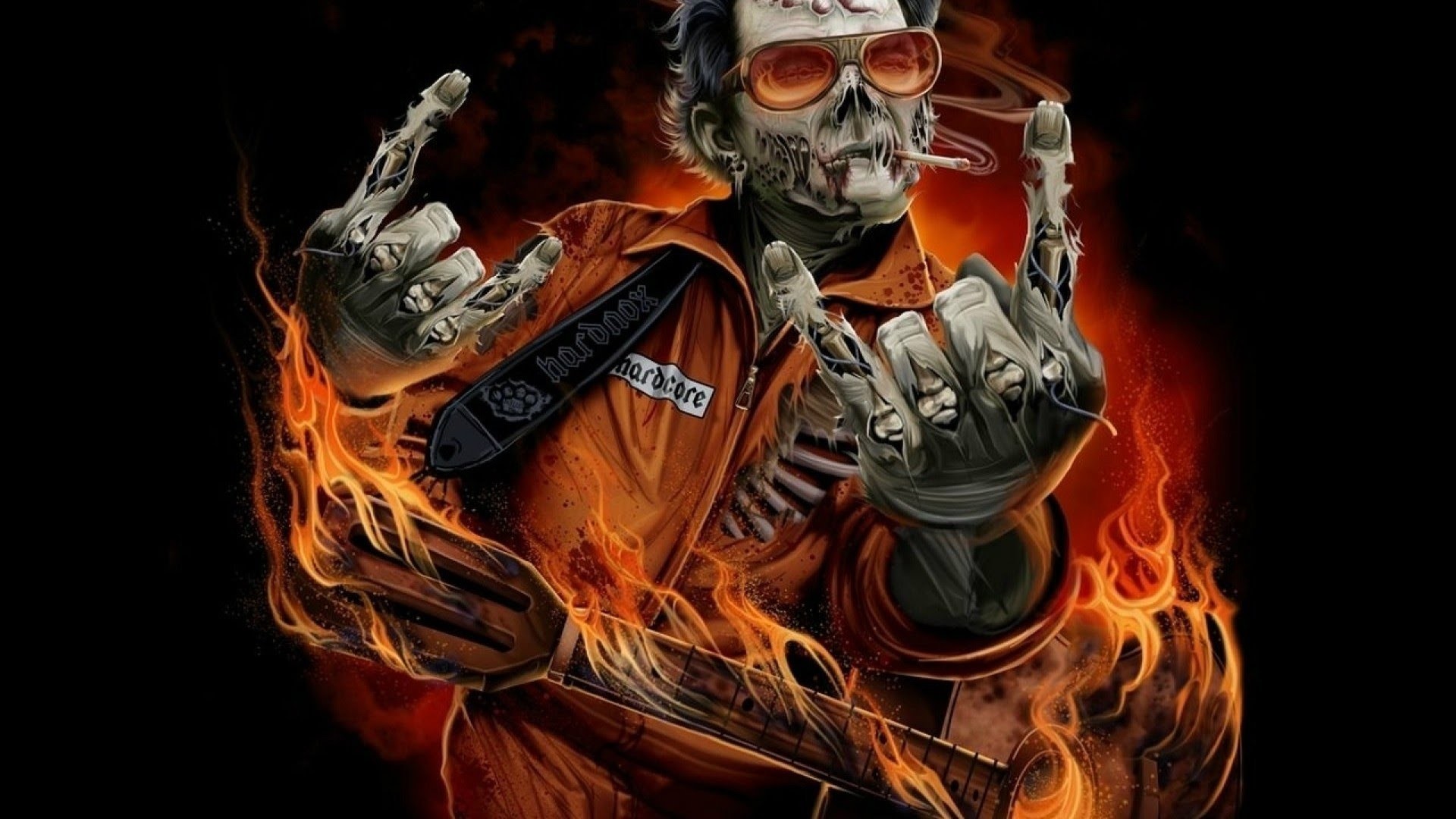 Zombie rocker, Corna rock, Fiamme, Teschio, 1920x1080, immagine di sfondo
