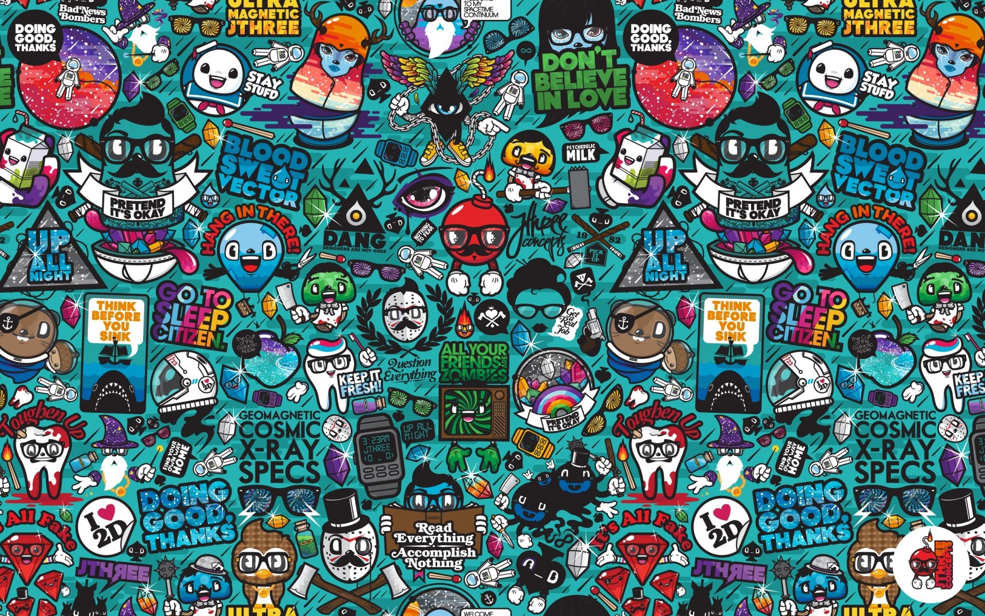 Sticker bomb, Doodle, Personaggi cartoon, Sfondo turchese, Full HD, wallpaper per portatile