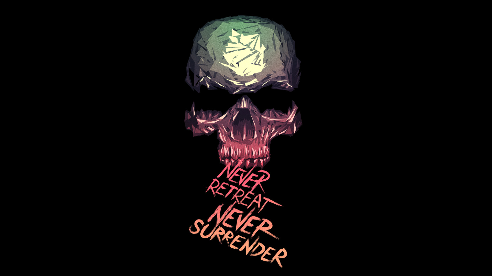 Teschio, Never Retreat Never Surrender, Scritta, Sfondo nero, Full HD, wallpaper per portatile