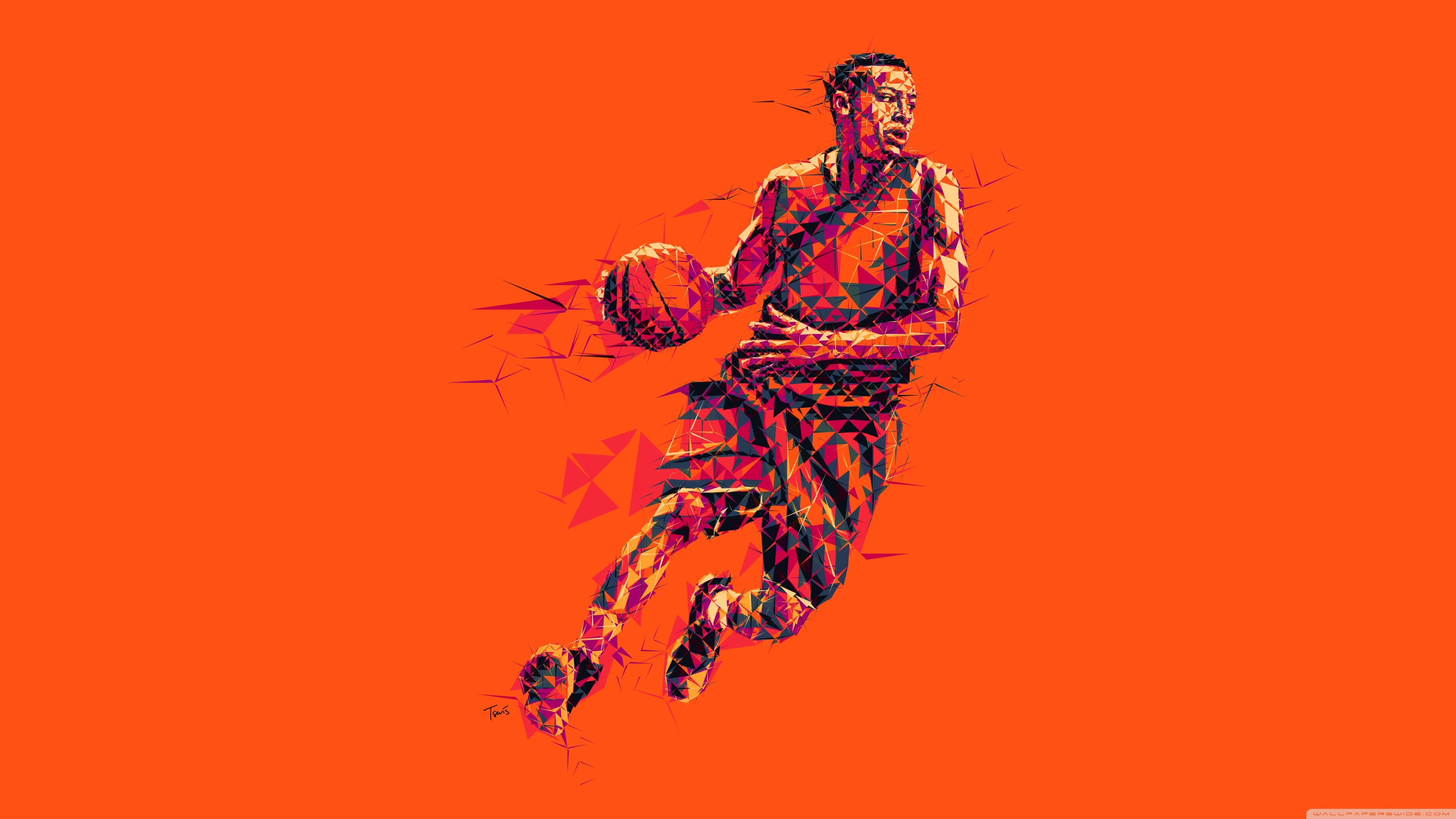 Giocatore di basket, Arte low poly, Dribbling, Arancione, 3840x2160, sfondo per PC