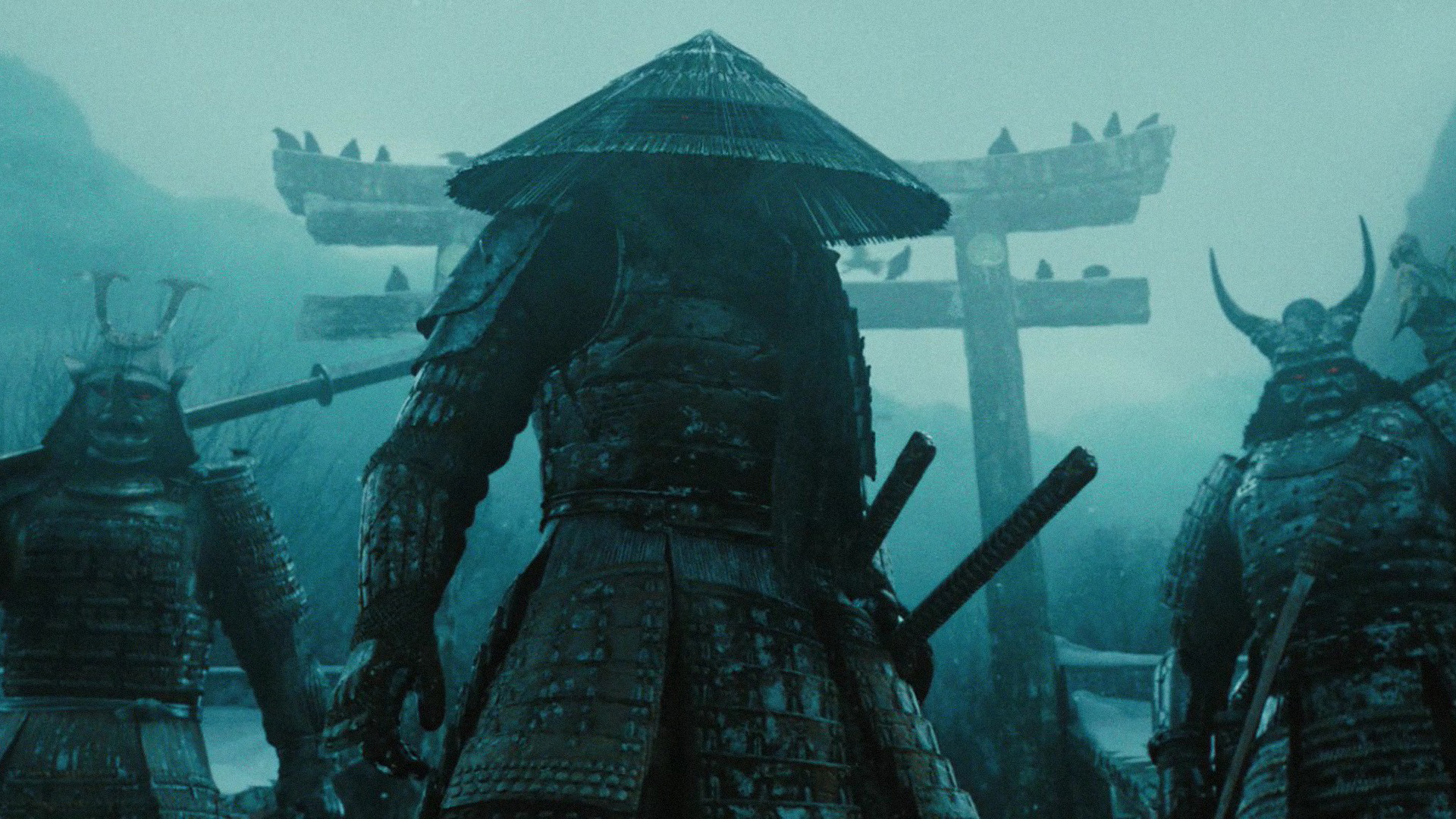 Samurai, Torii, Cappello di paglia, Armatura, Nebbia, Full HD, sfondo Windows 11