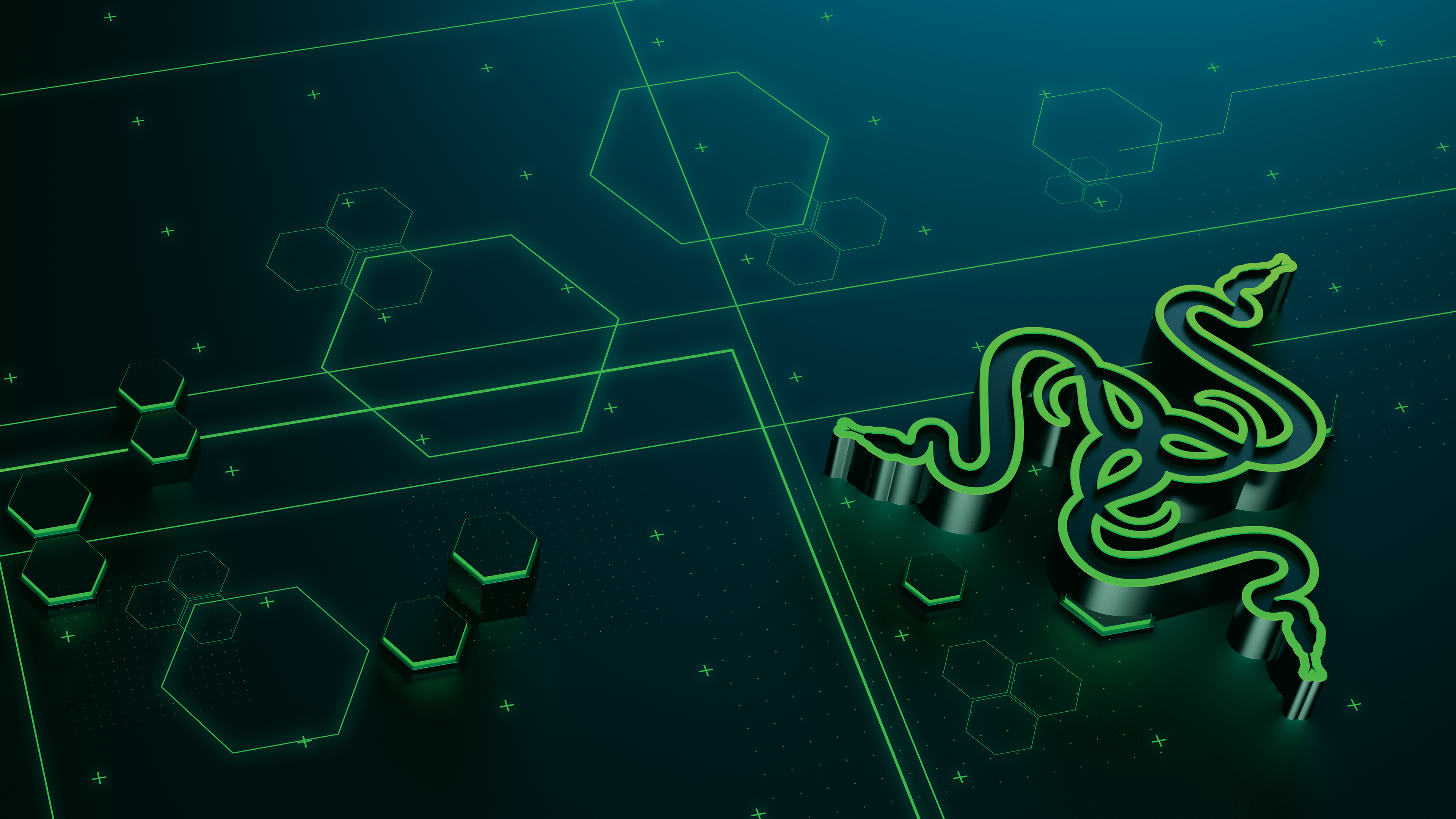 Razer, Logo Razer 3D, Esagoni, Verde acqua, 4K, sfondo per PC e portatile