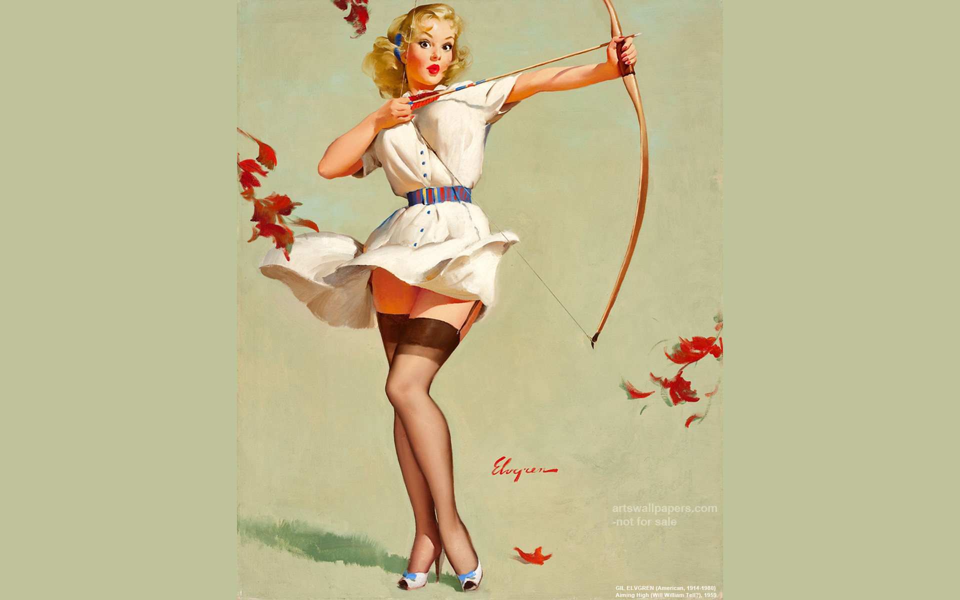 Gil Elvgren, Pin-up, Arco, Foglie autunnali, Dipinto, 1920x1200, sfondo per PC