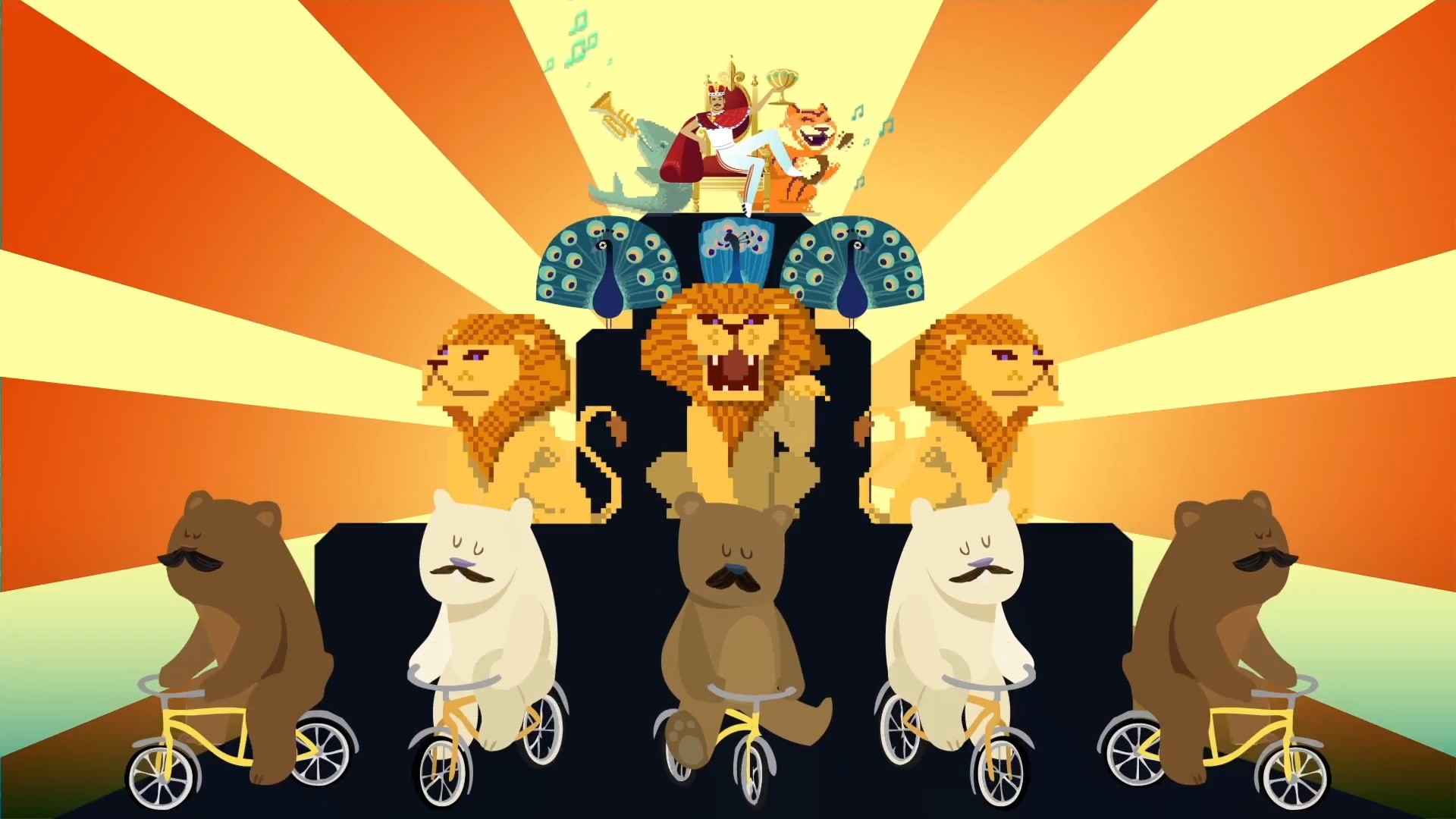 Queen, Bicycle Race, Leoni, Orsi, Illustrazione, Raggi di sole, Full HD, sfondo per PC
