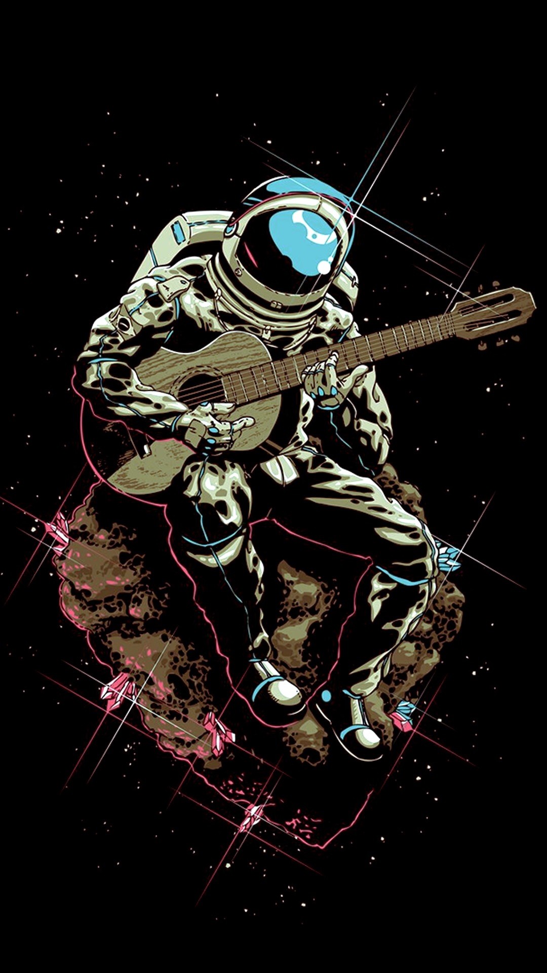 Astronauta, Chitarra, Spazio, Sfondo nero, schermata di blocco del cellulare