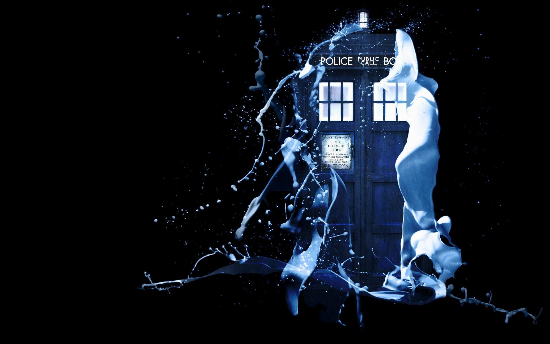 TARDIS, Doctor Who, Schizzi di vernice, Sfondo nero, Full HD, wallpaper desktop