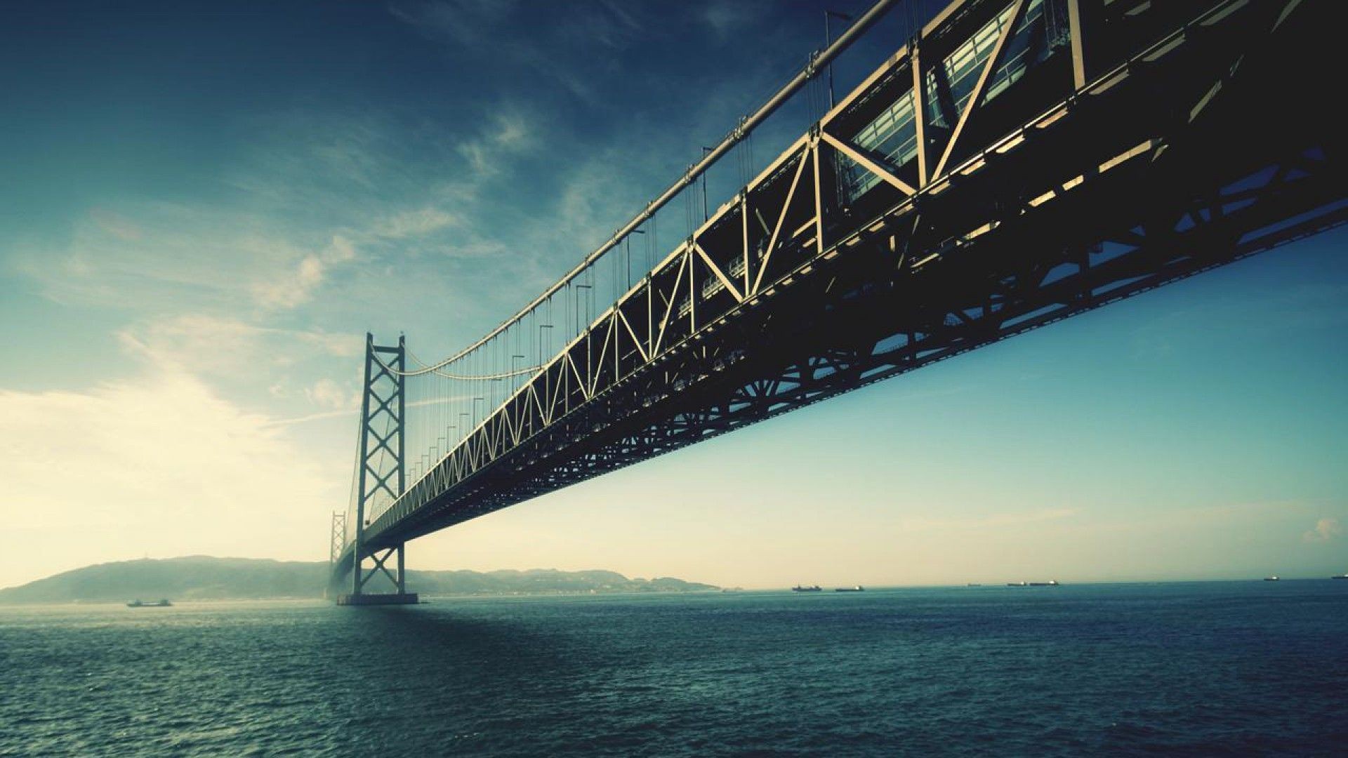 Ponte di Akashi Kaikyō, Giappone, Ponte sospeso, Mare, Vista dal basso, sfondo per portatile
