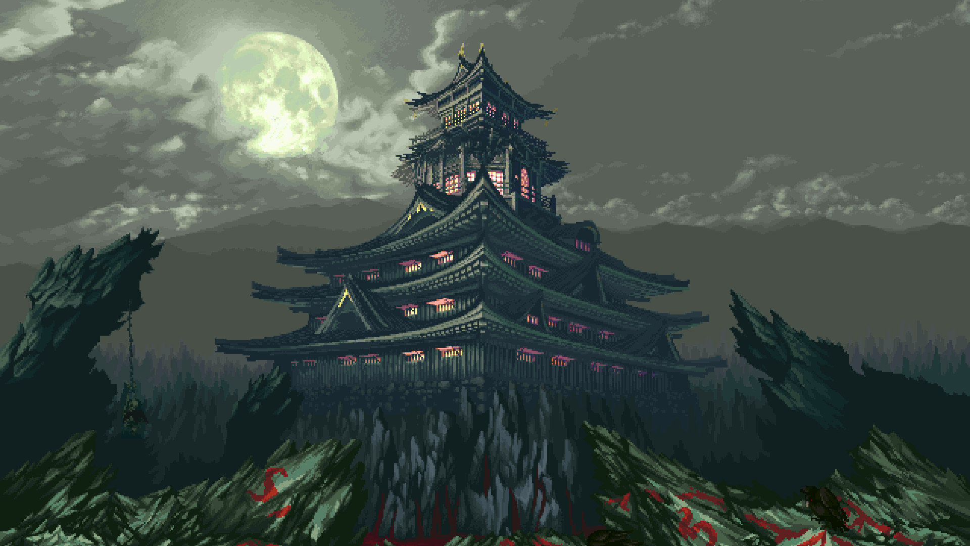 Pixel art, Castello giapponese, Luna piena, Nuvole, Full HD, wallpaper per portatile