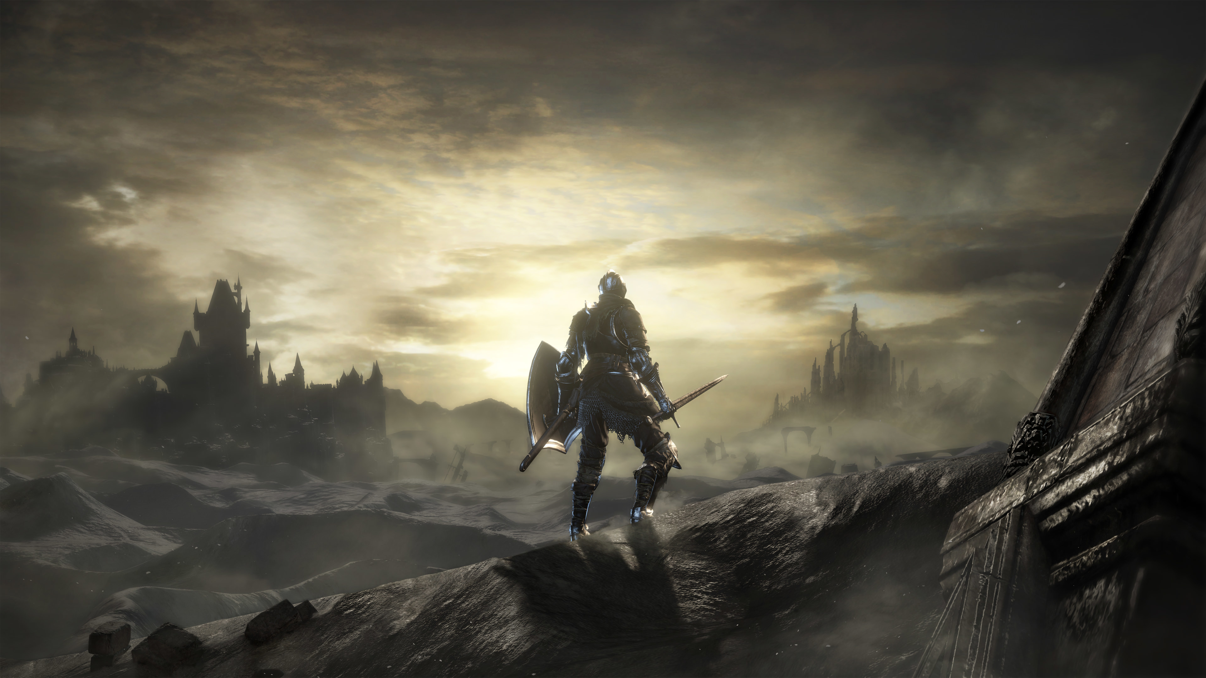 Dark Souls III, Cavaliere, Rovine, Tramonto, 16:9 4K, sfondo widescreen