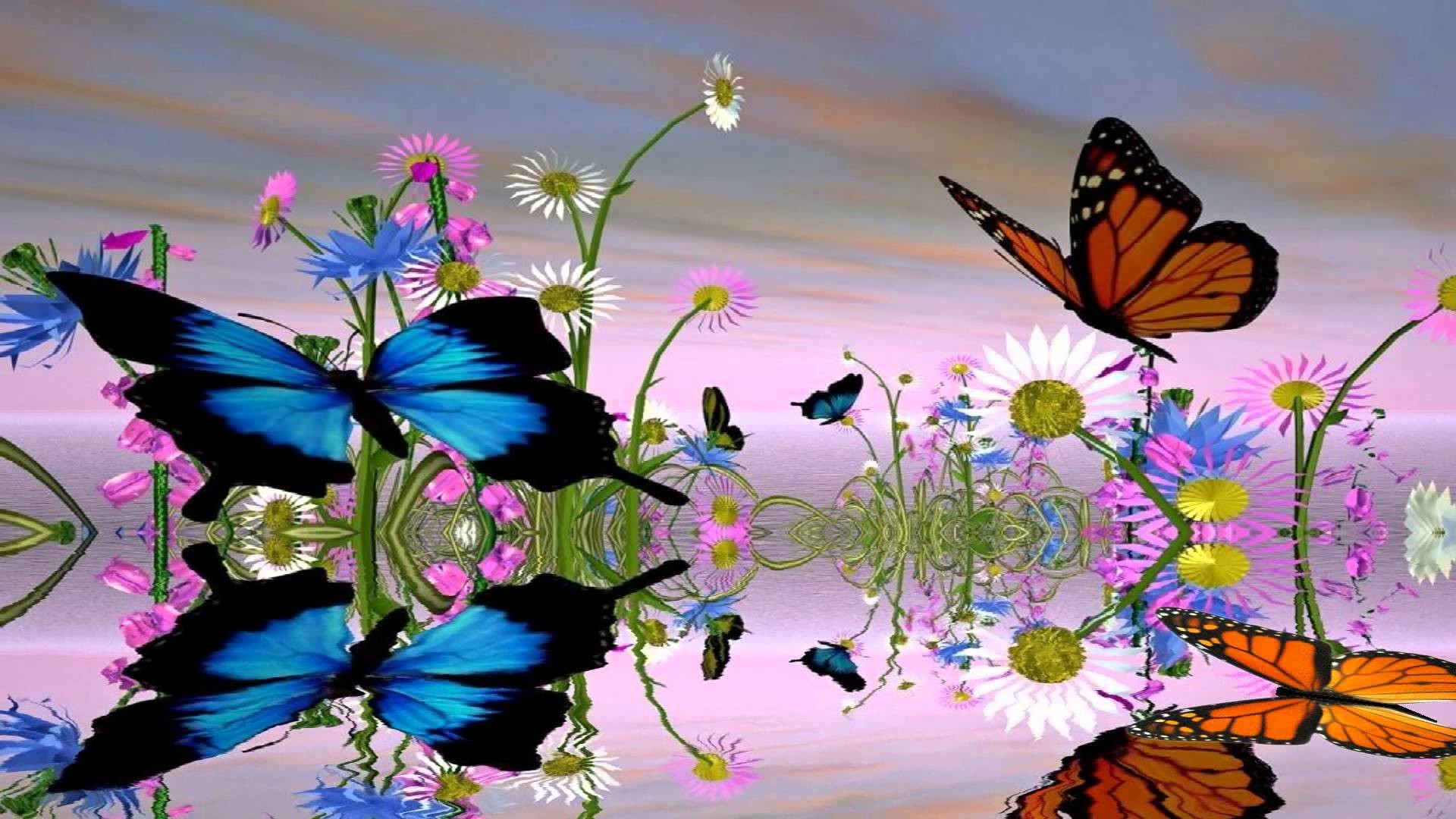 Farfalle, Fiori di campo, Riflesso, Arte digitale, 1920x1080, sfondo per PC