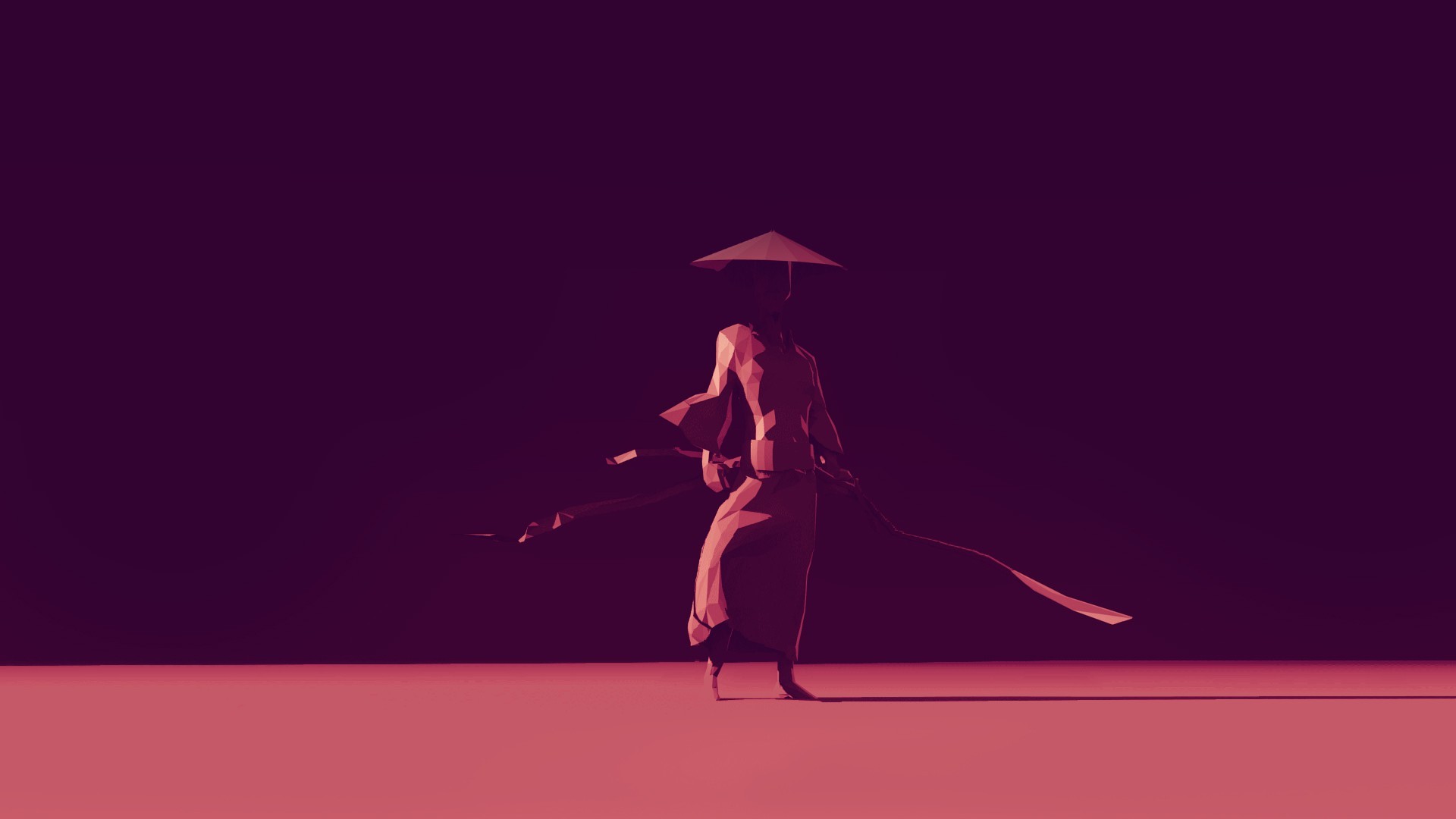 Low poly, Samurai, Cappello di paglia, Sfondo viola, Full HD, wallpaper desktop