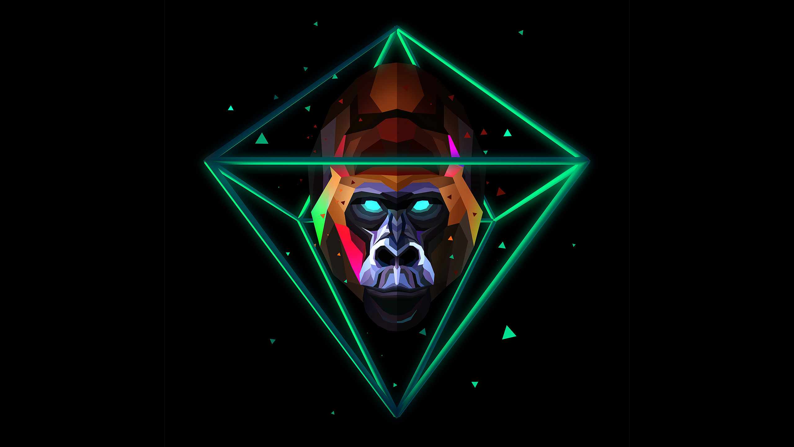Gorilla, Neon, Geometrico, Low poly, 2560x1440, sfondo per PC