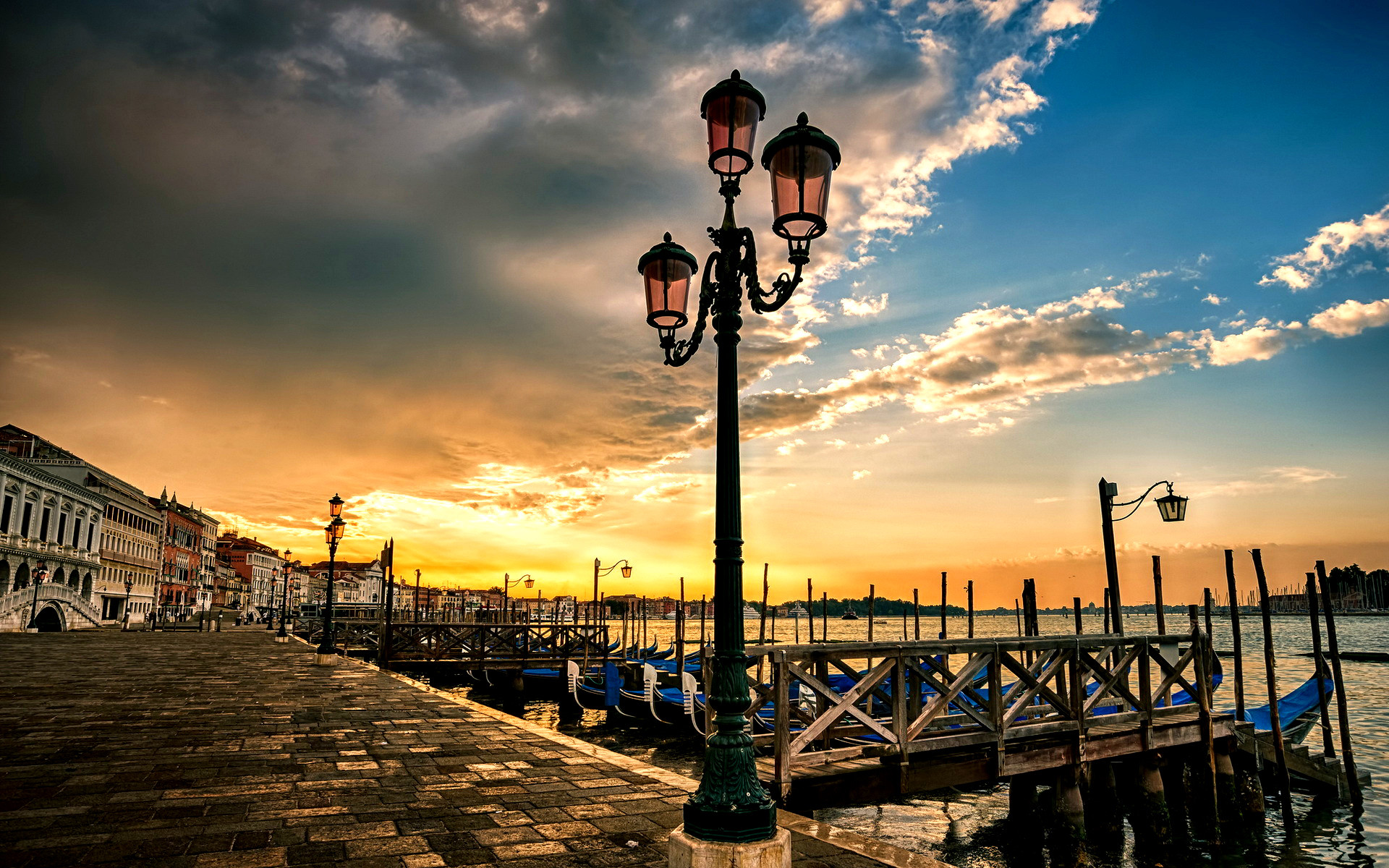 Riva degli Schiavoni, Venezia, Lampione, Tramonto, Full HD, wallpaper per computer